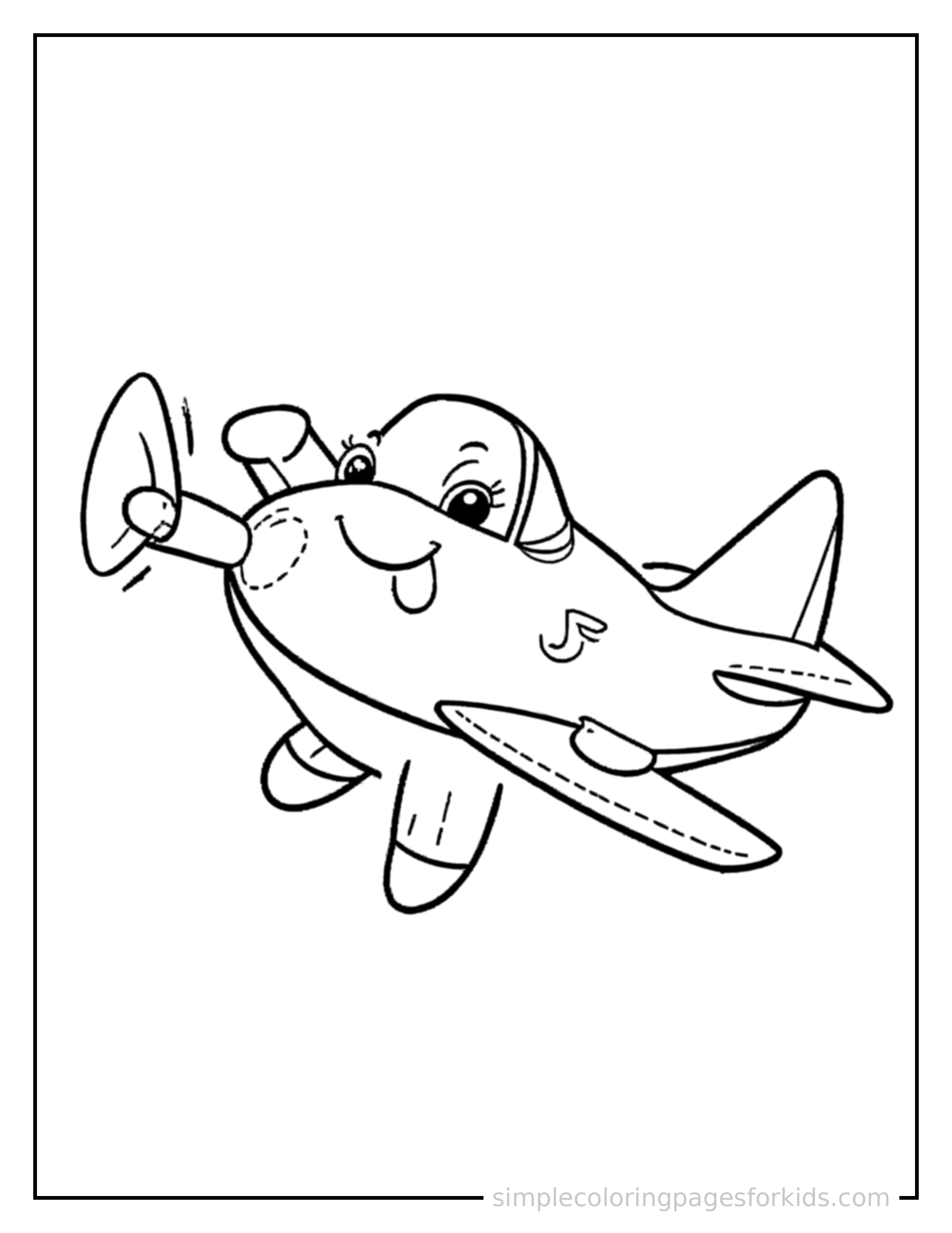 Free printable airplane coloring page featuring a cute airplane honking its horn with an excited open-mouth grin, small musical notes nearby.