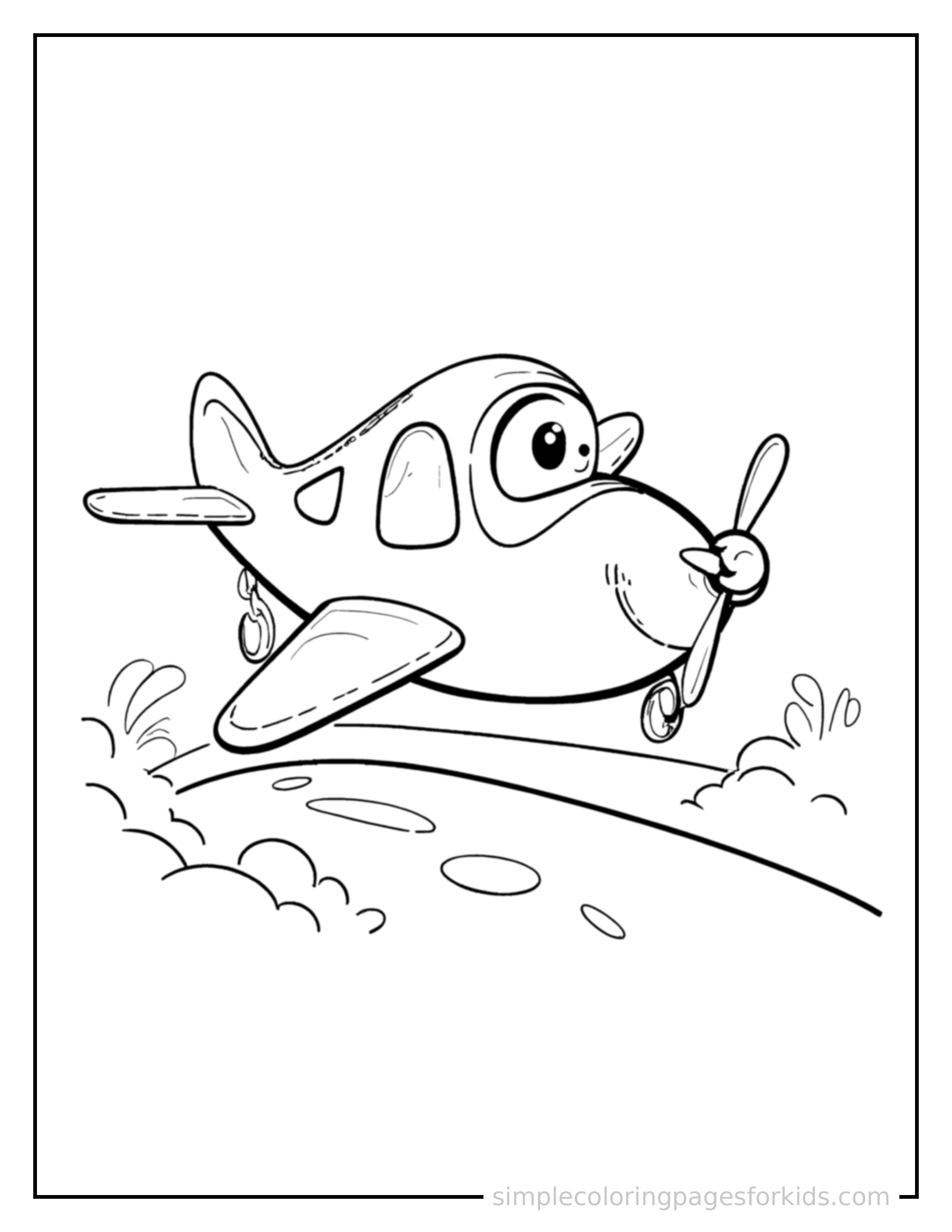 Free printable airplane coloring page featuring a cute airplane bouncing over a small bump in the road, joyful expression, wheels off the ground.