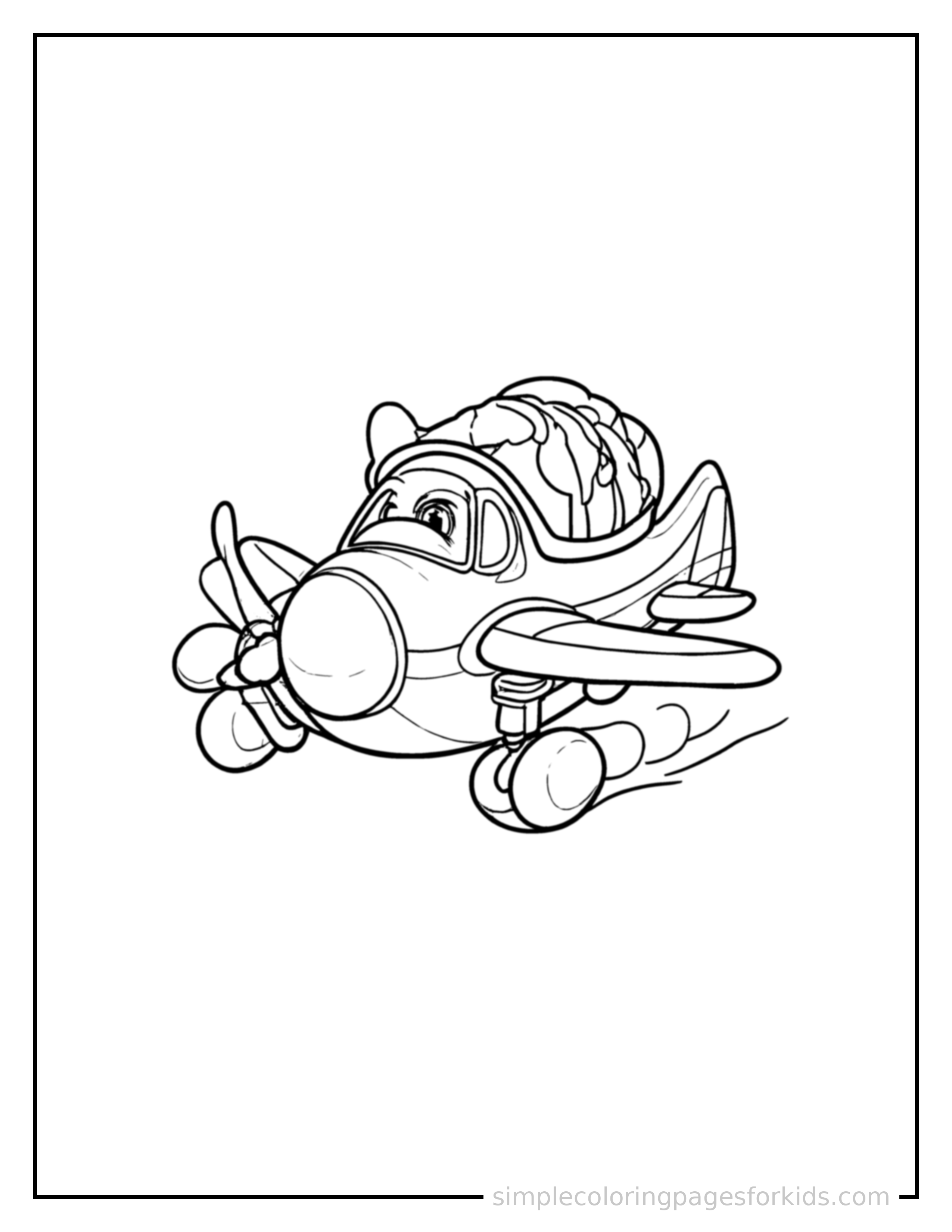 Free printable airplane coloring page featuring a cute airplane loaded up with fun cargo, proud big smile, motion lines showing it moving.