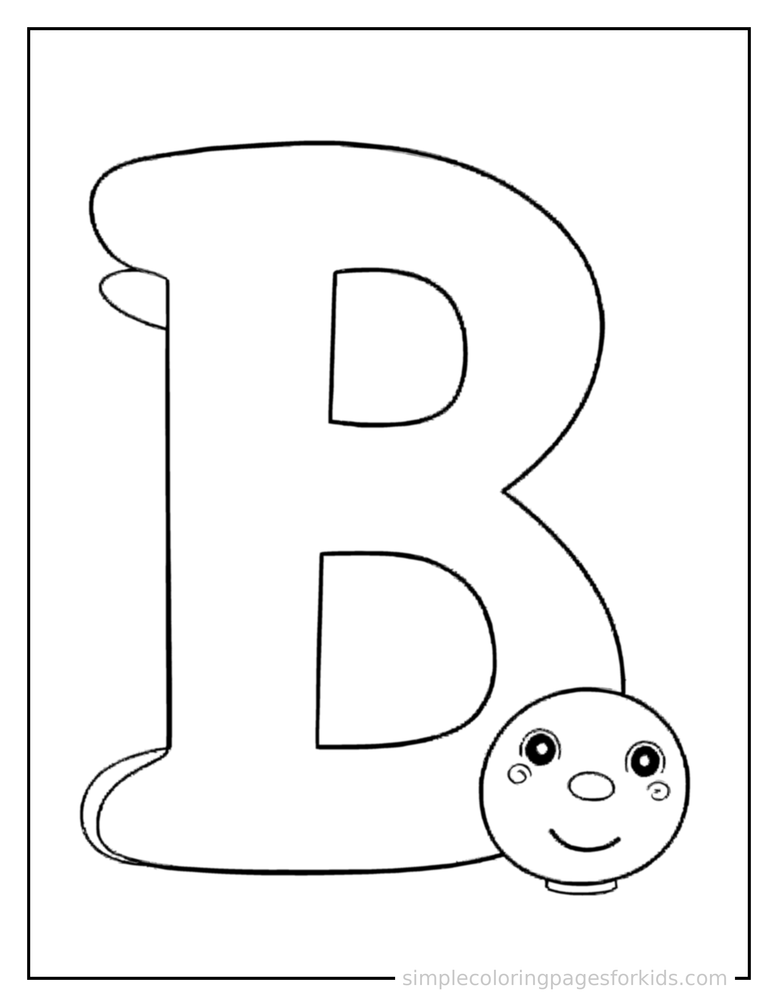 Free printable alphabet coloring page featuring a giant bold uppercase letter B, very large and clearly readable, filling most of the page, with one small cute ball beside it.