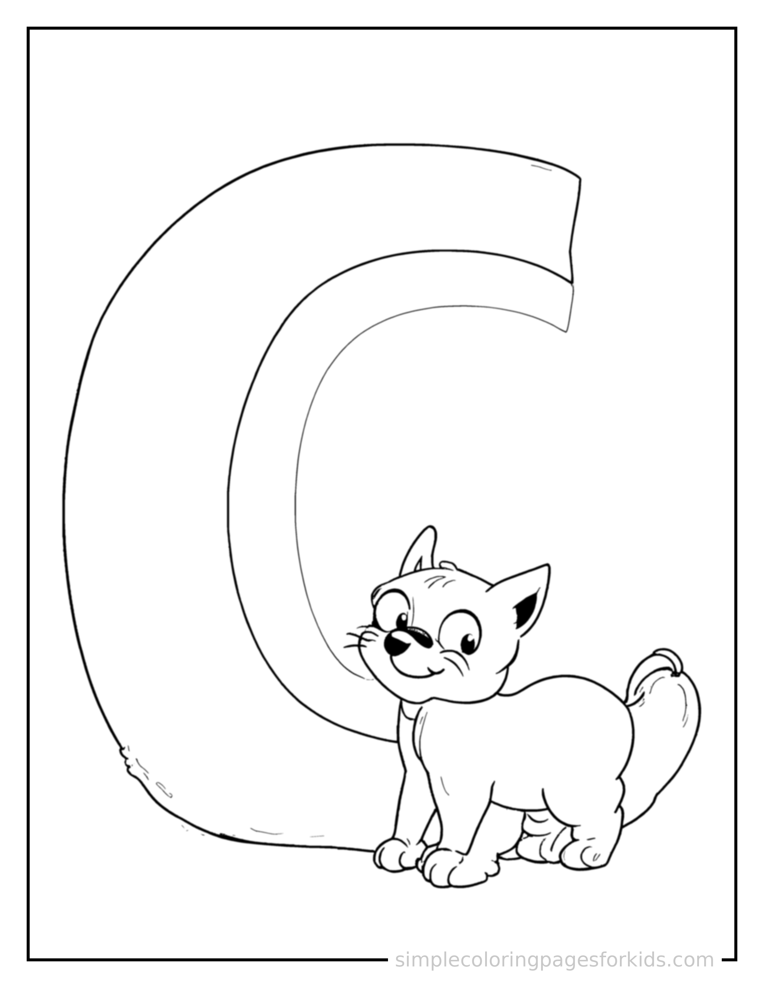 Free printable alphabet coloring page featuring a giant bold uppercase letter C, very large and clearly readable, filling most of the page, with one small cute cat beside it.