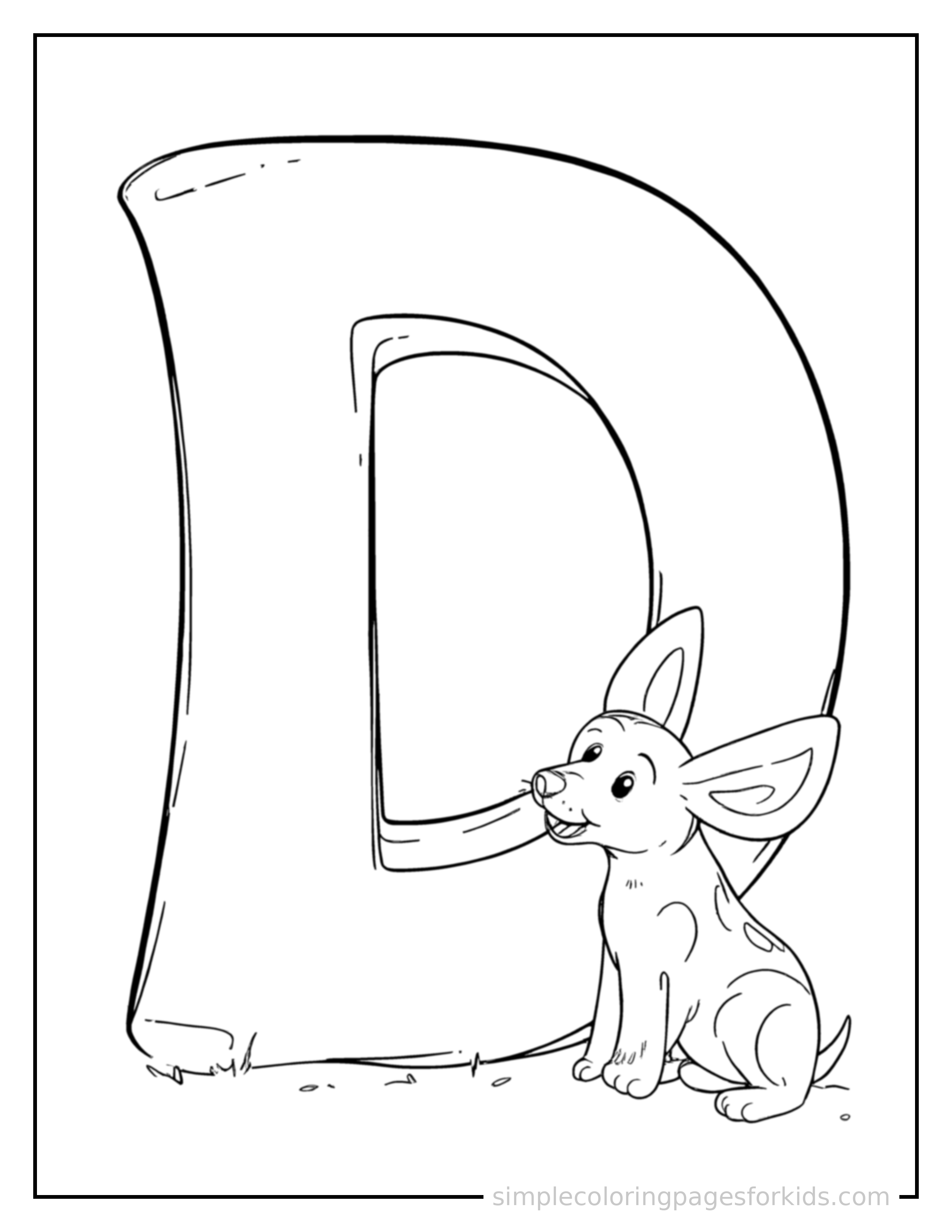Free printable alphabet coloring page featuring a giant bold uppercase letter D, very large and clearly readable, filling most of the page, with one small cute dog beside it.