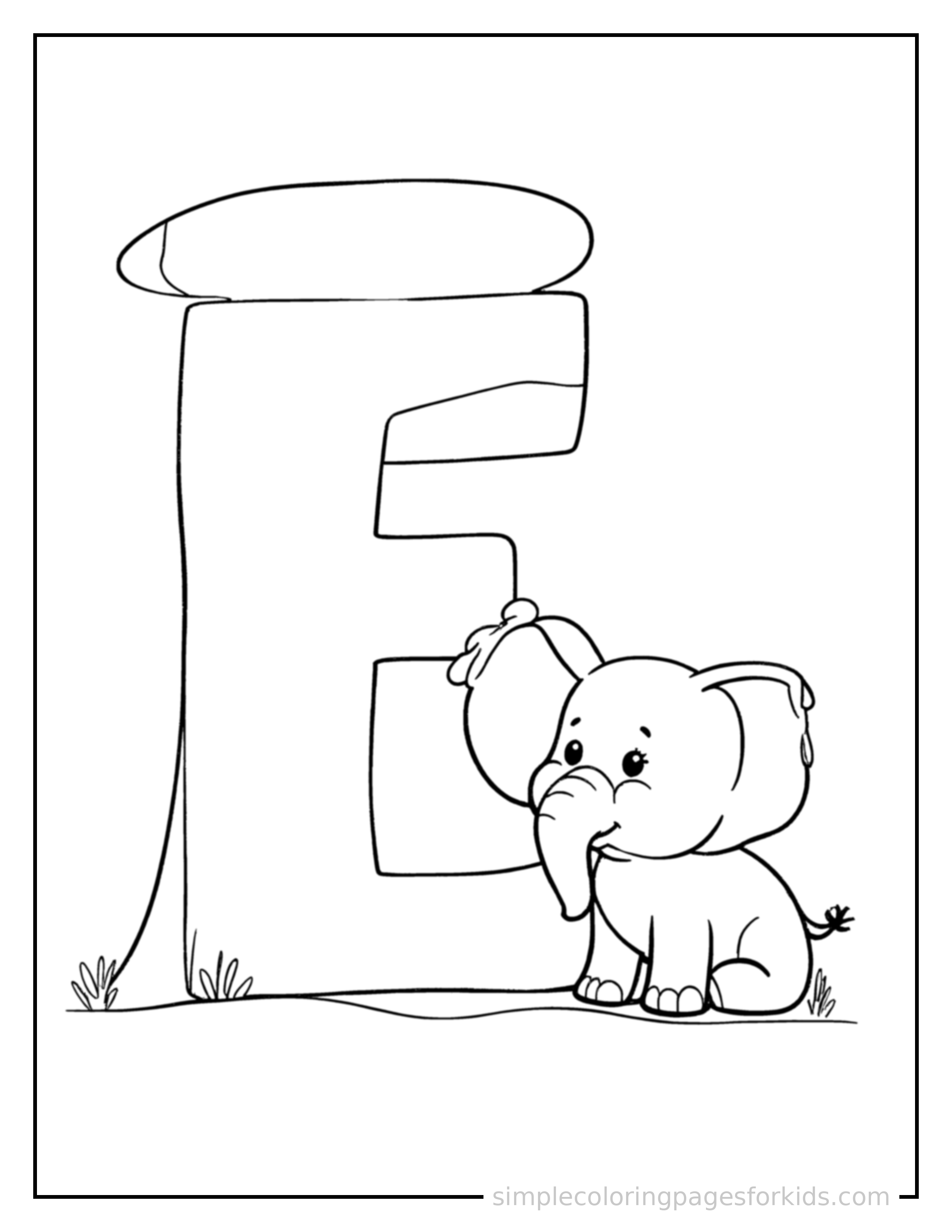 Free printable alphabet coloring page featuring a giant bold uppercase letter E, very large and clearly readable, filling most of the page, with one small cute elephant beside it.