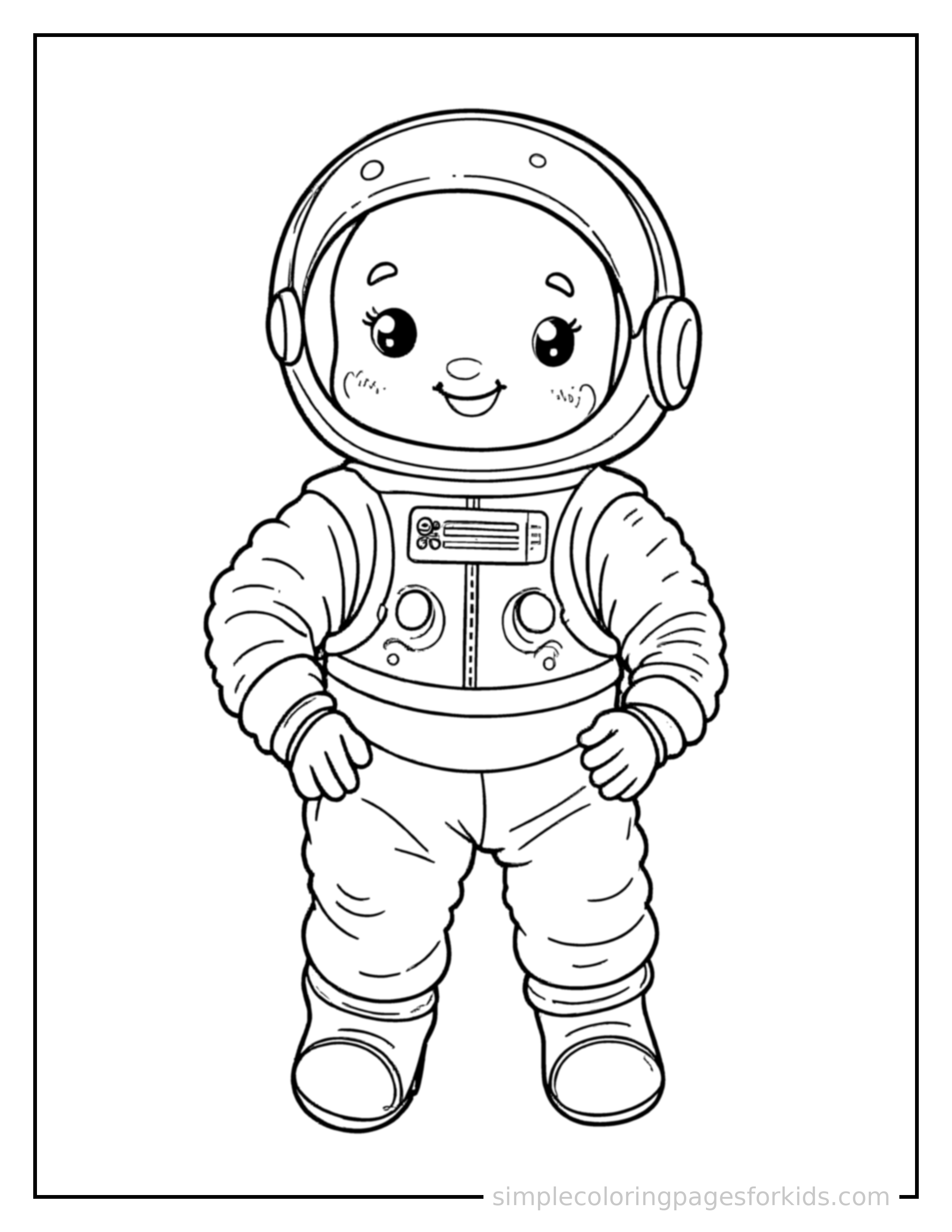 Free printable astronaut coloring page featuring a cute astronaut wearing a space helmet and a puffy suit standing proudly with hands on hips, chest out, big sparkling happy eyes and open smile.