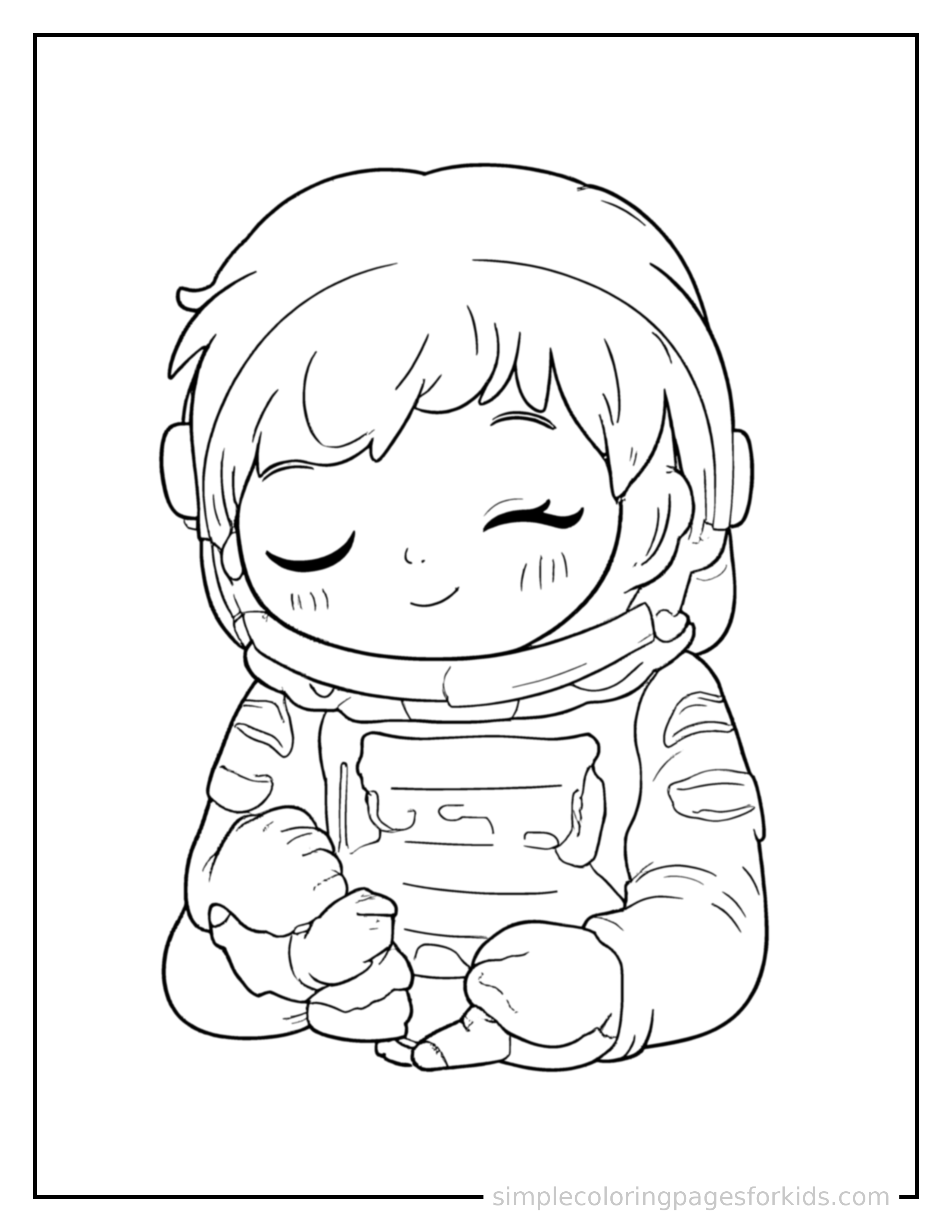 Free printable astronaut coloring page featuring a cute astronaut wearing a space helmet and a puffy suit curled up fast asleep, peaceful smile, one eye scrunched shut, hands tucked under the chin.