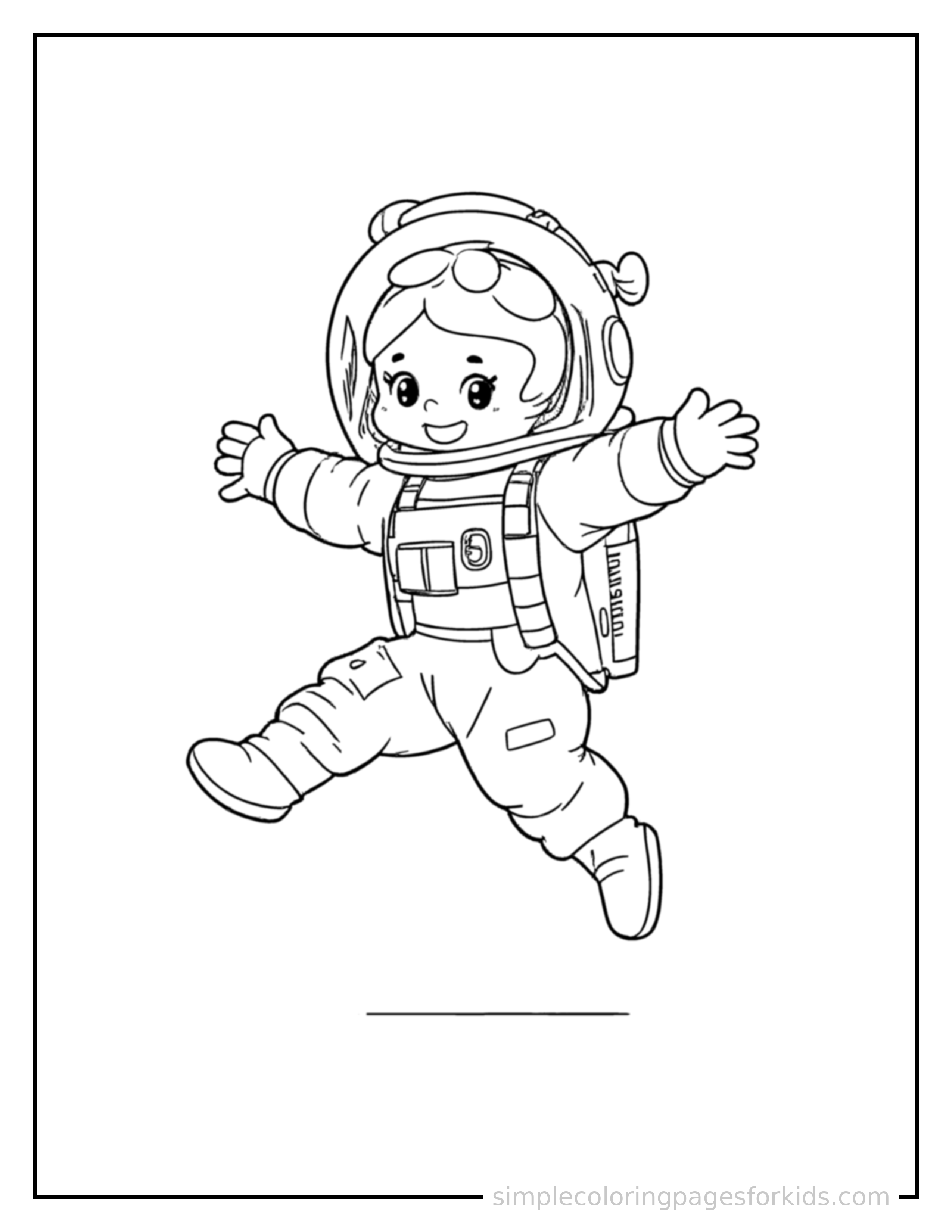 Free printable astronaut coloring page featuring a cute astronaut wearing a space helmet and a puffy suit mid-jump with arms and legs stretched out playfully, mouth open with excitement.