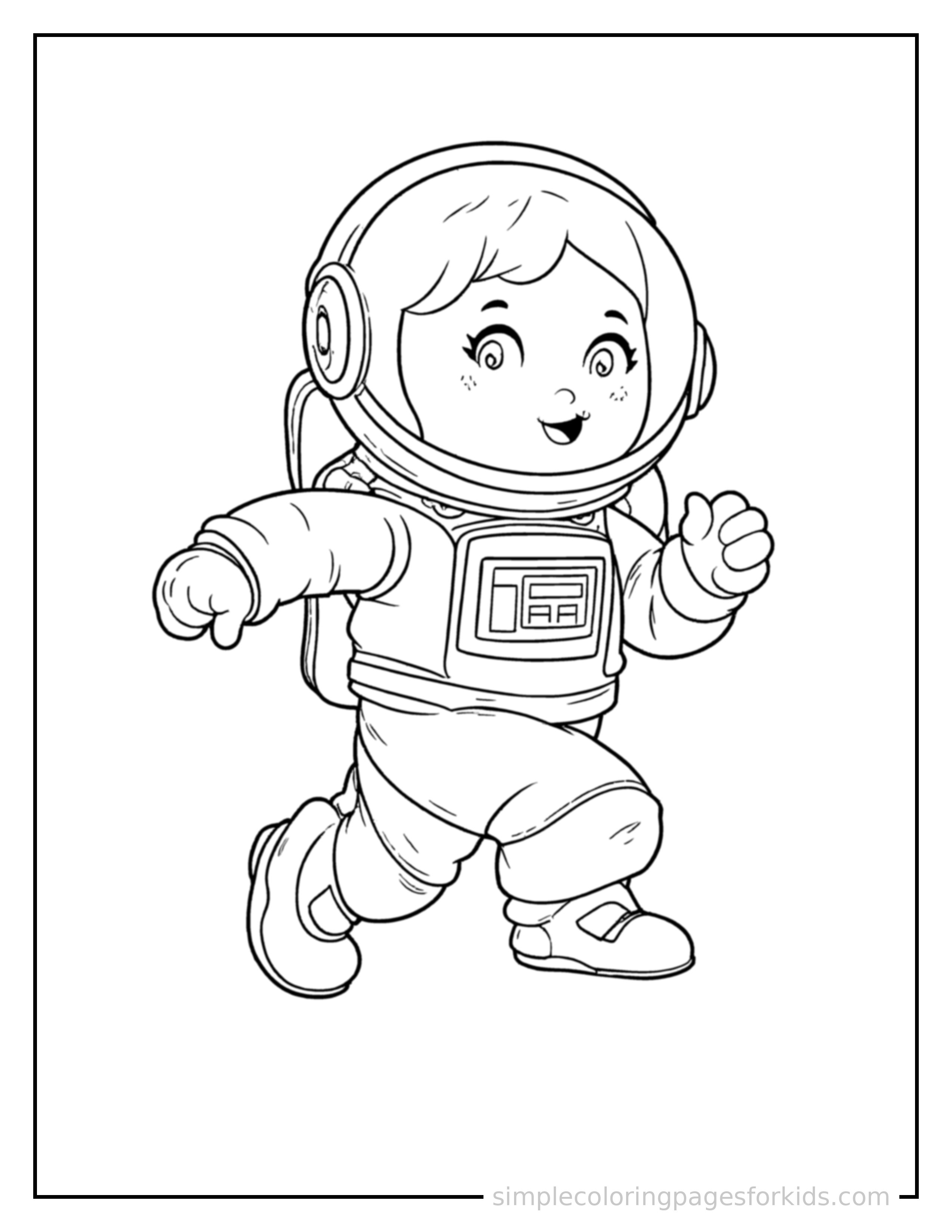 Free printable astronaut coloring page featuring a cute astronaut wearing a space helmet and a puffy suit running forward at full speed, arms pumping, big happy grin.