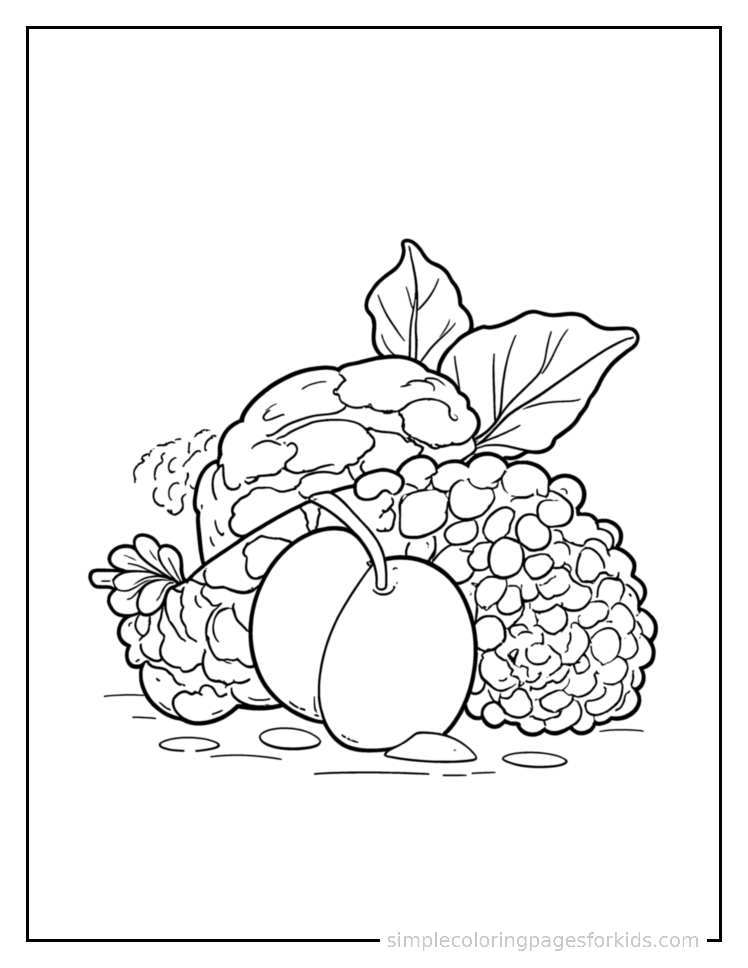 Free printable autumn coloring page featuring an acorn resting beside a pinecone.