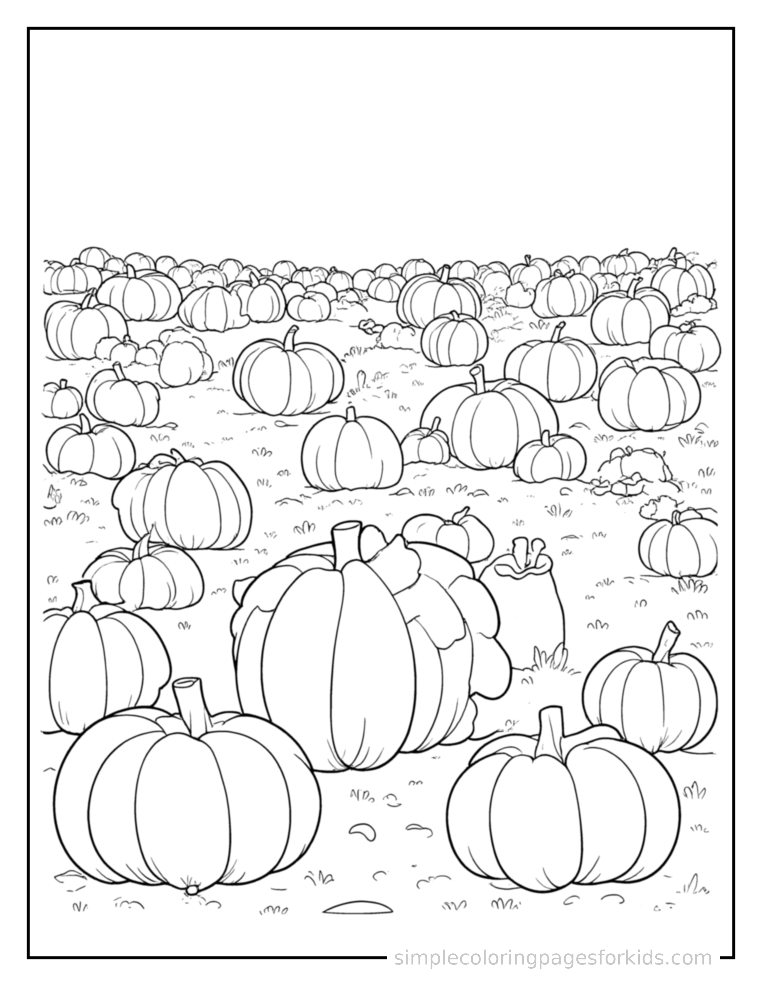 Free printable autumn coloring page featuring a pumpkin patch full of round pumpkins.