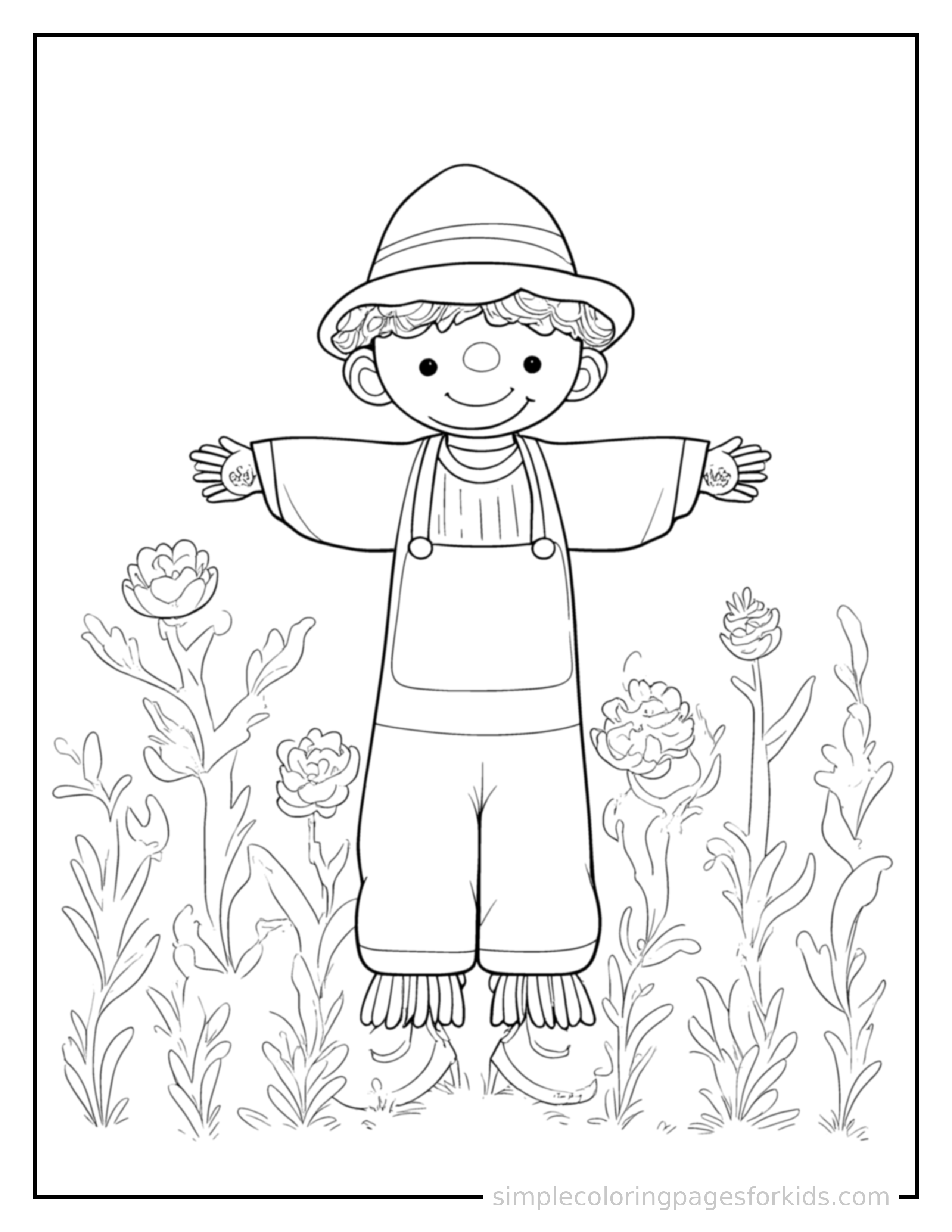 Free printable autumn coloring page featuring a scarecrow standing in a harvested field.