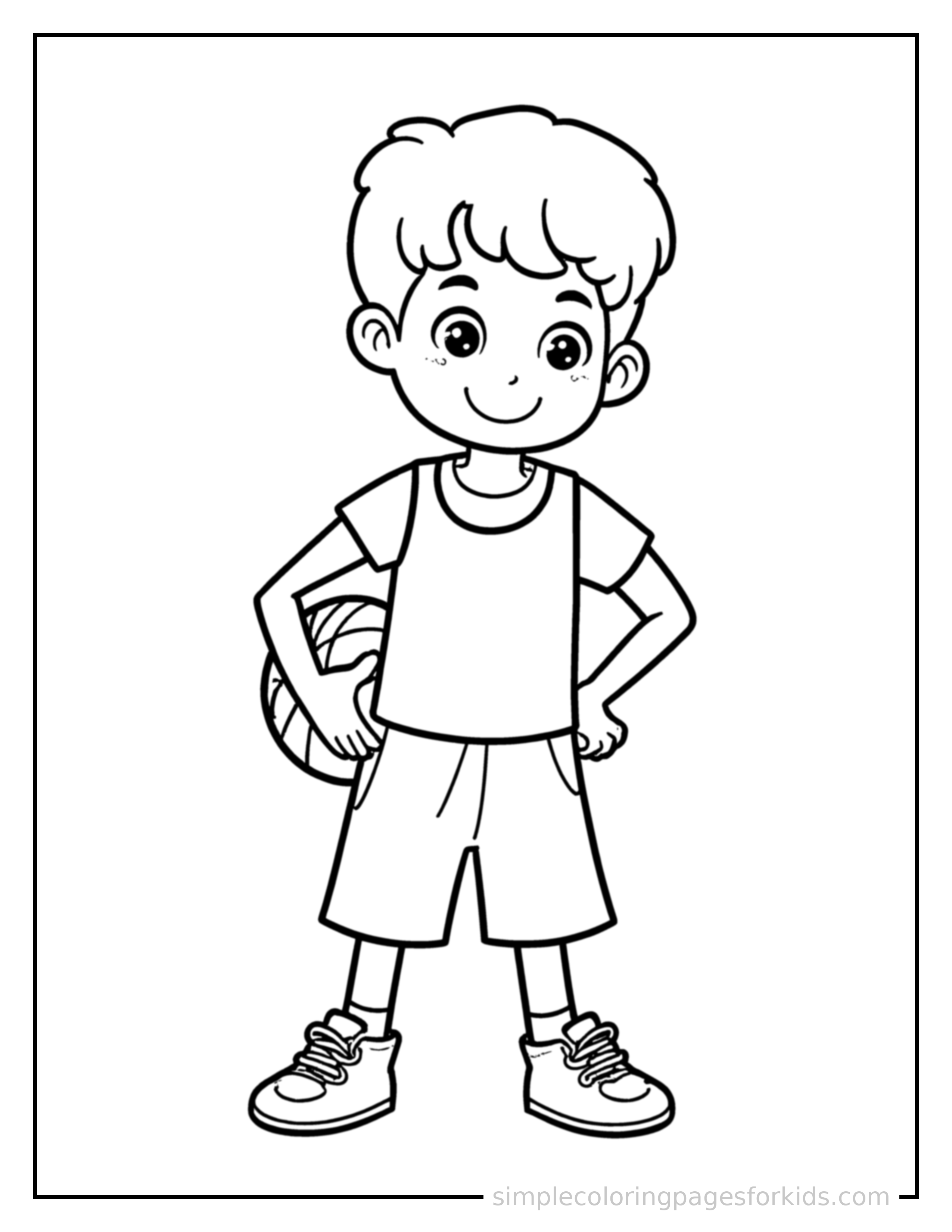 Free printable basketball coloring page featuring a cute kid playing basketball with a basketball standing proudly with hands on hips, chest out, big sparkling happy eyes and open smile.