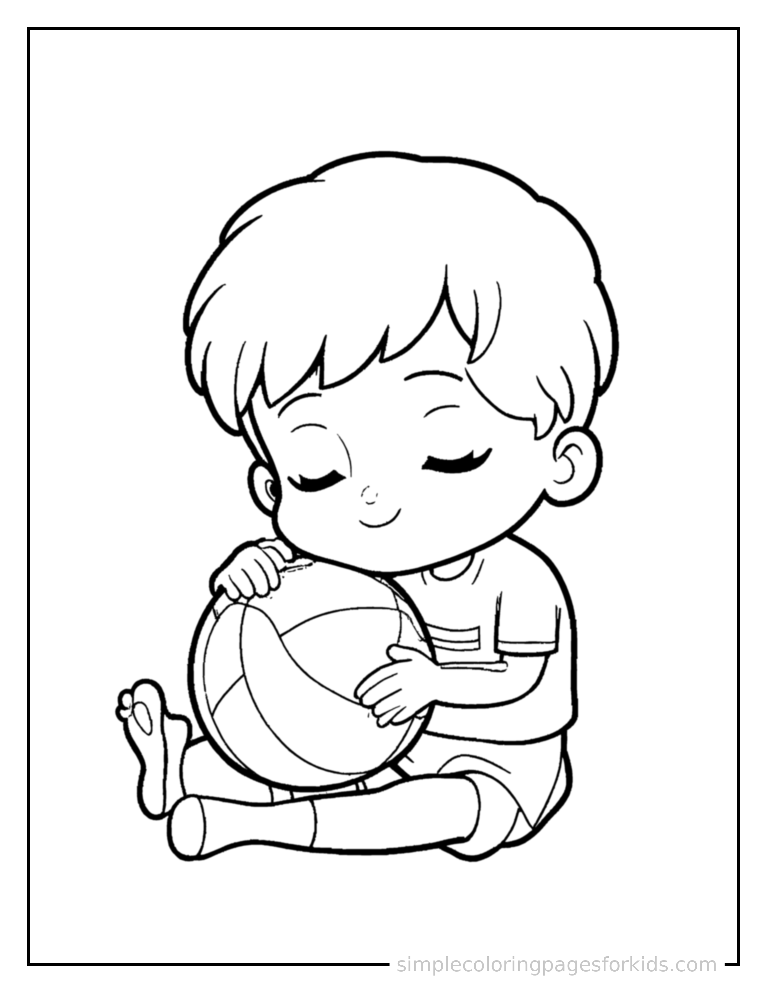Free printable basketball coloring page featuring a cute kid playing basketball with a basketball curled up fast asleep, peaceful smile, one eye scrunched shut, hands tucked under the chin.