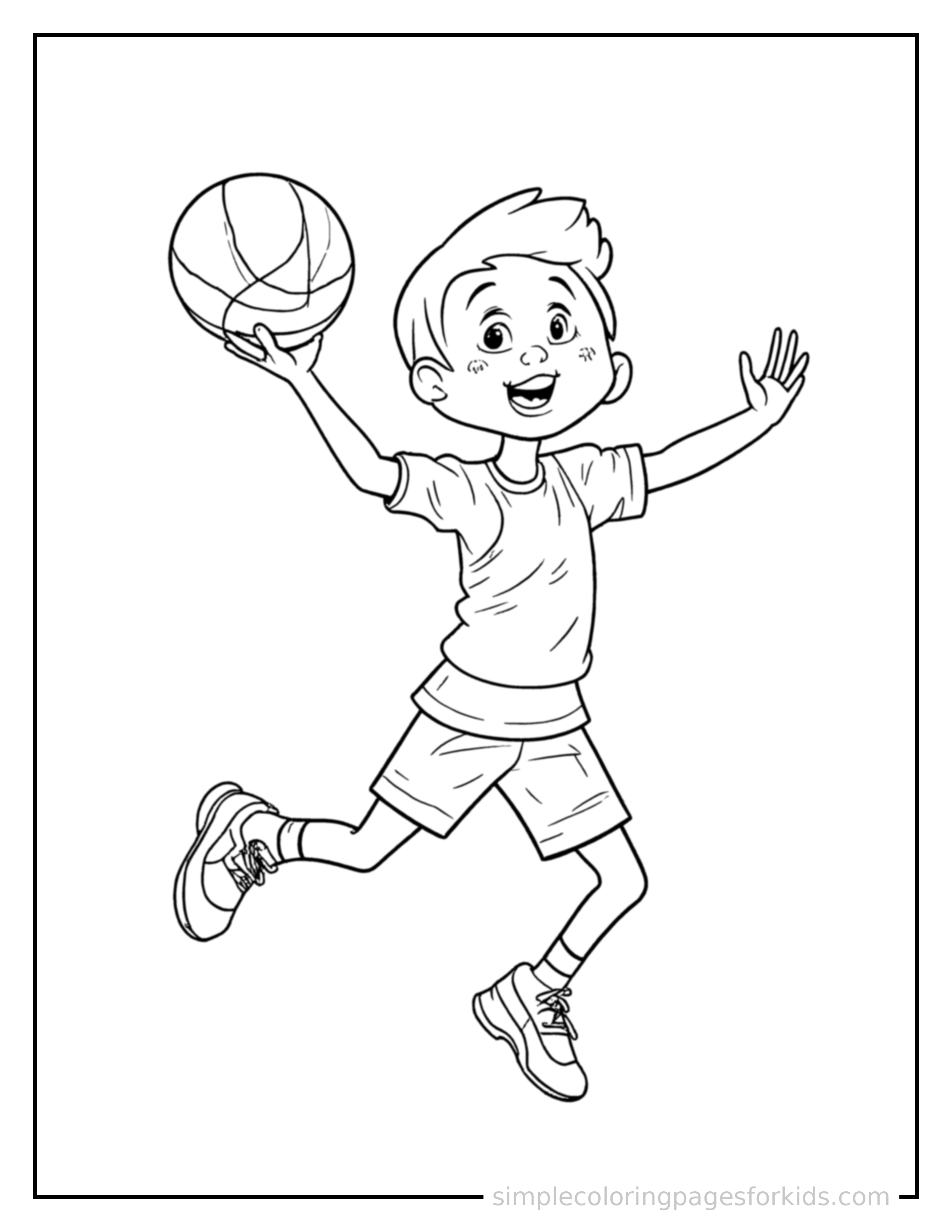 Free printable basketball coloring page featuring a cute kid playing basketball with a basketball mid-jump with arms and legs stretched out playfully, mouth open with excitement.