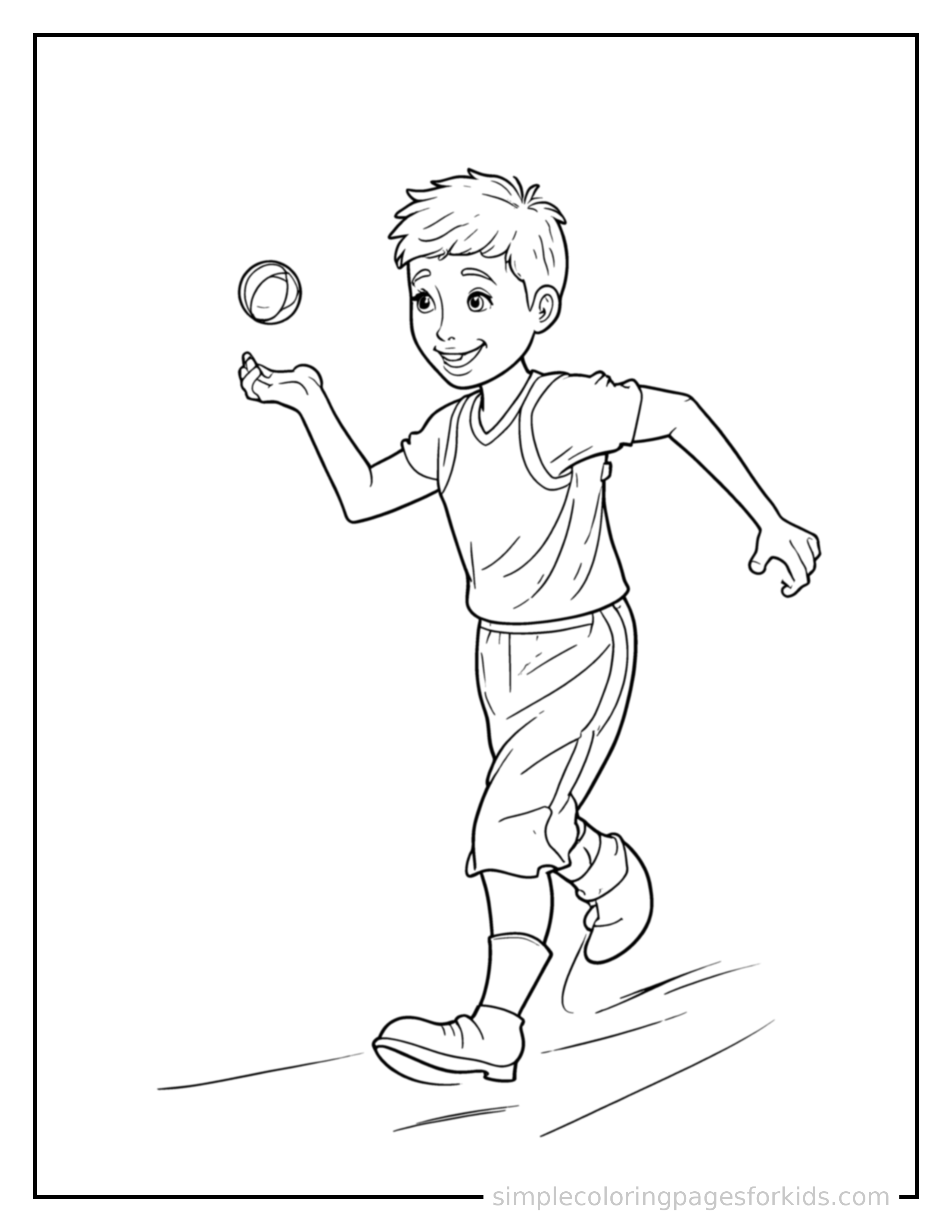 Free printable basketball coloring page featuring a cute kid playing basketball with a basketball running forward at full speed, arms pumping, big happy grin.
