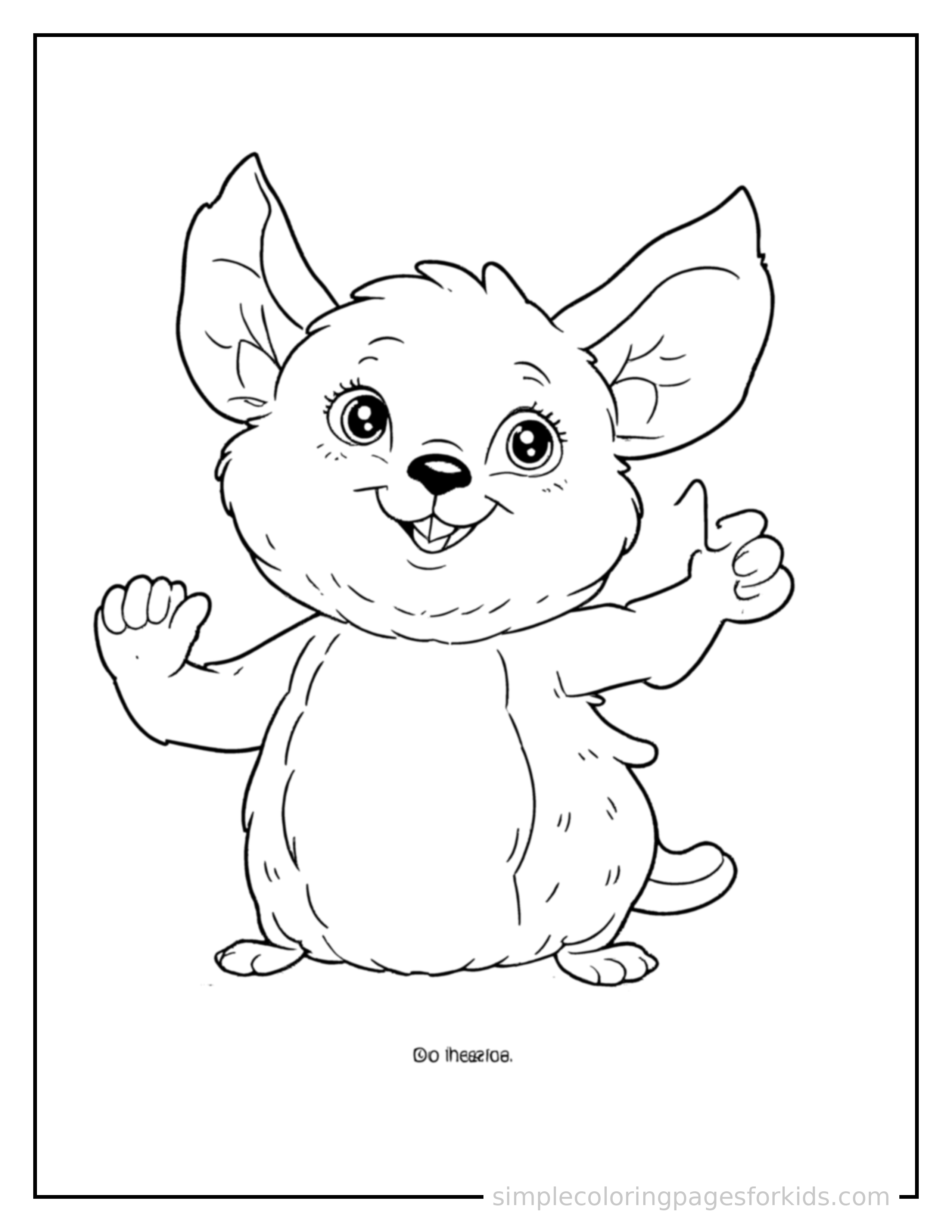 Free printable bat coloring page featuring a cute bat sitting up tall with a big cheerful grin, head tilted slightly, one paw raised in a wave.