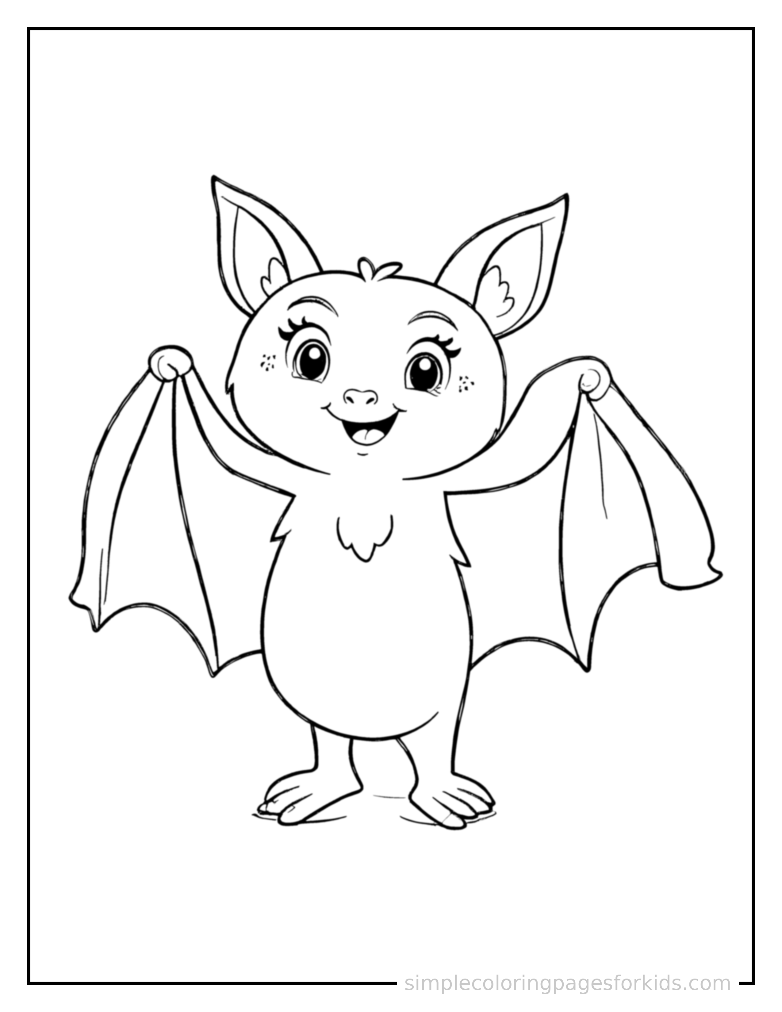 Free printable bat coloring page featuring a cute bat standing proudly on all fours, chest puffed out, big sparkling happy eyes, mouth open in a joyful smile.