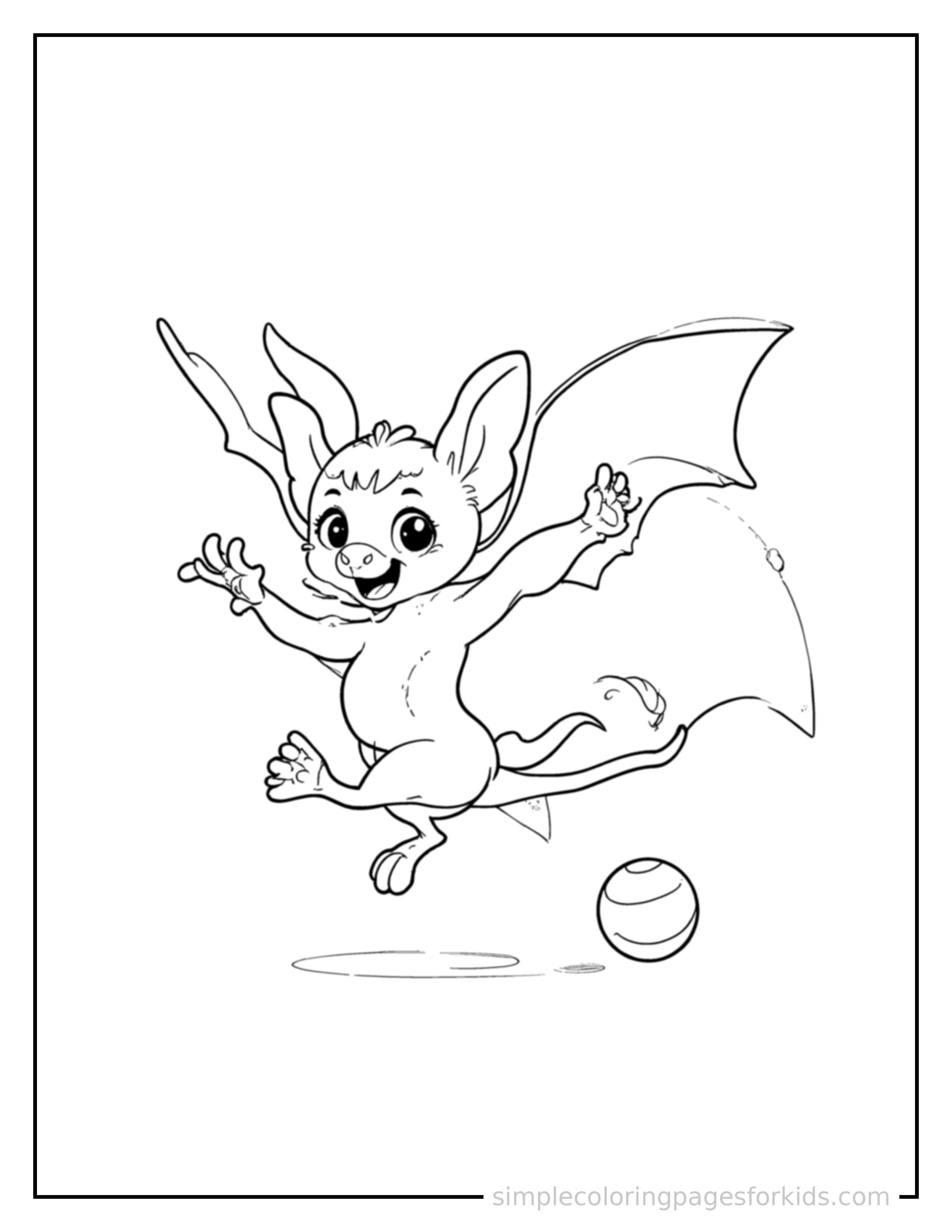 Free printable bat coloring page featuring a cute bat mid-bounce chasing a round ball, front paws stretched forward, mouth open with excitement, ears flopping.