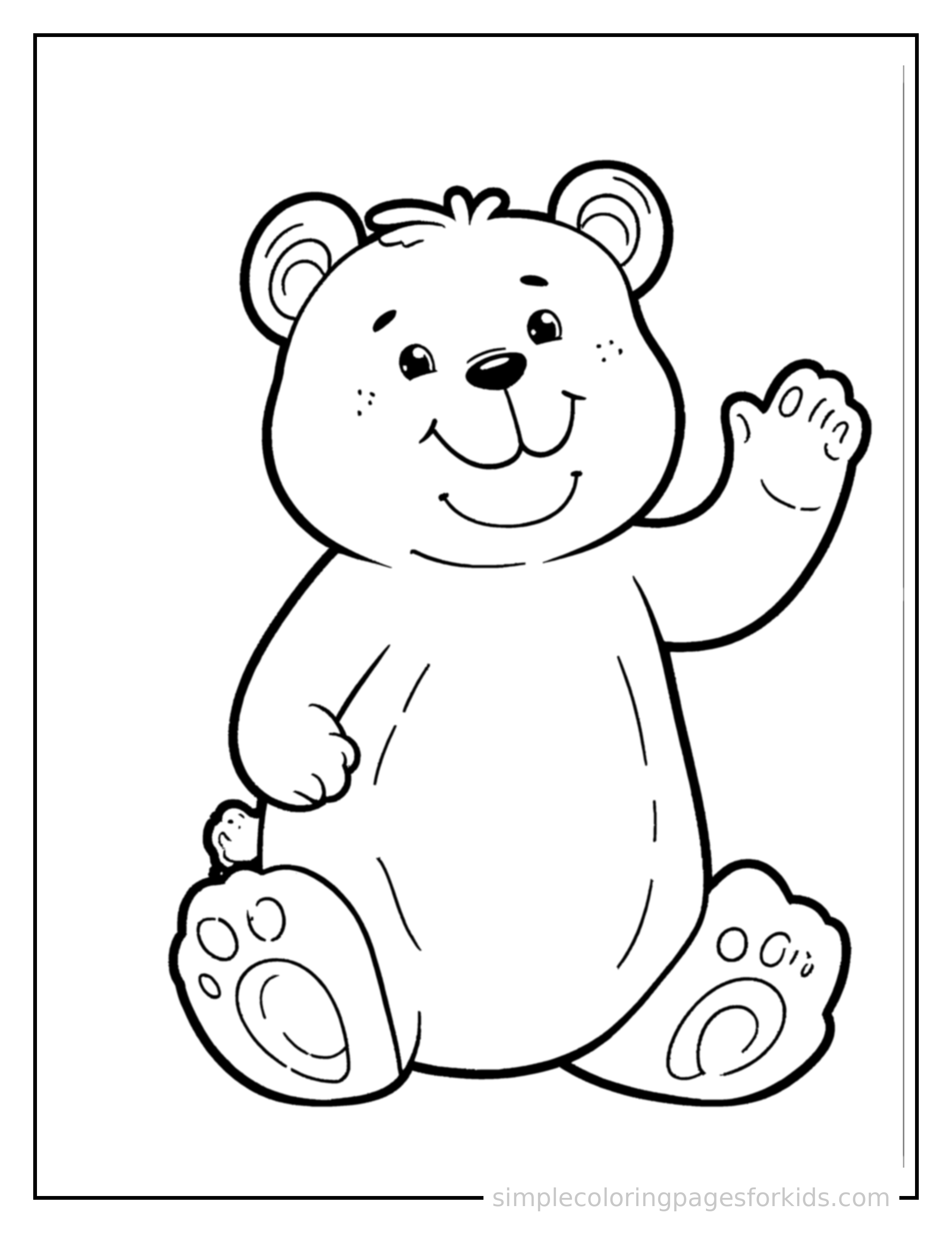 Free printable bear coloring page featuring a cute bear sitting up tall with a big cheerful grin, head tilted slightly, one paw raised in a wave.
