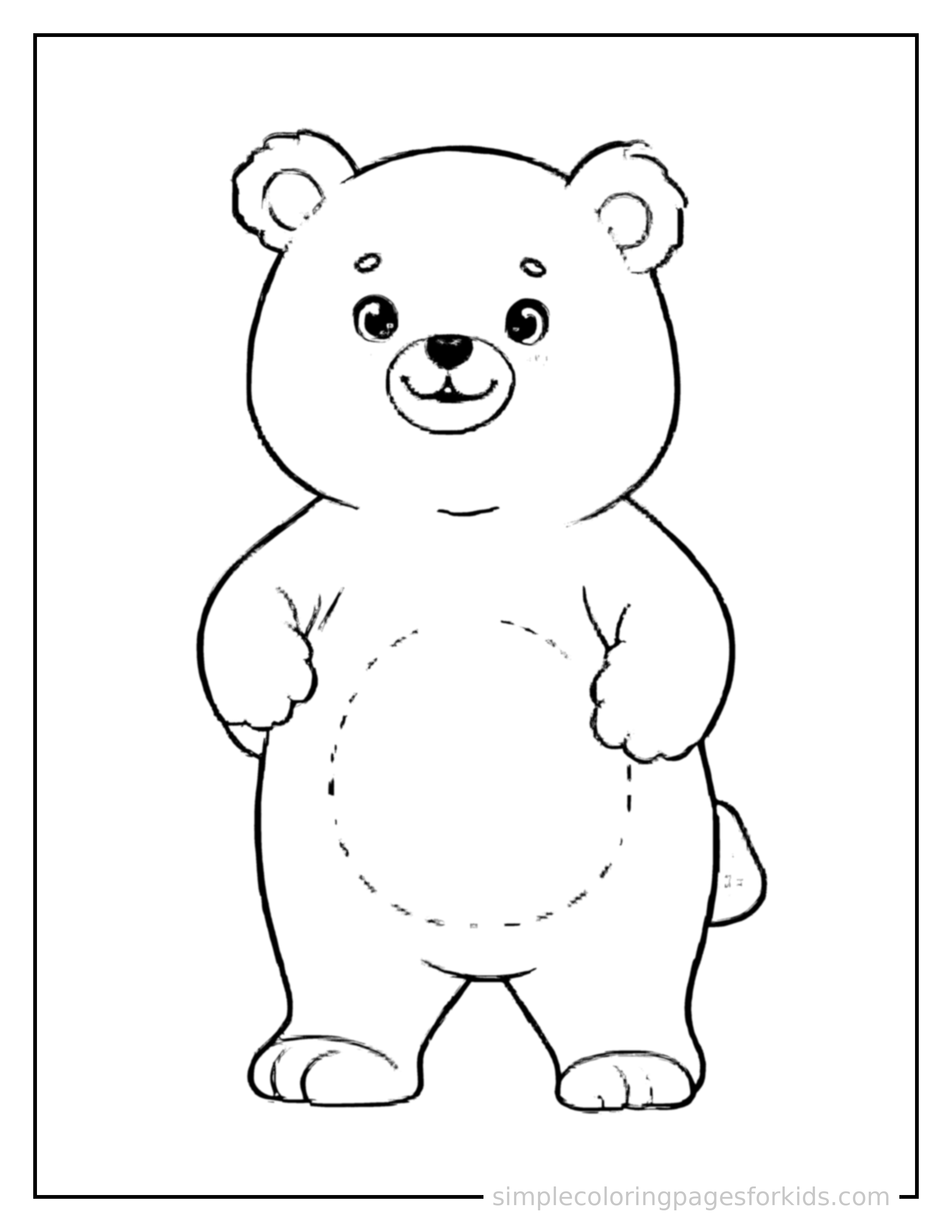 Free printable bear coloring page featuring a cute bear standing proudly on all fours, chest puffed out, big sparkling happy eyes, mouth open in a joyful smile.