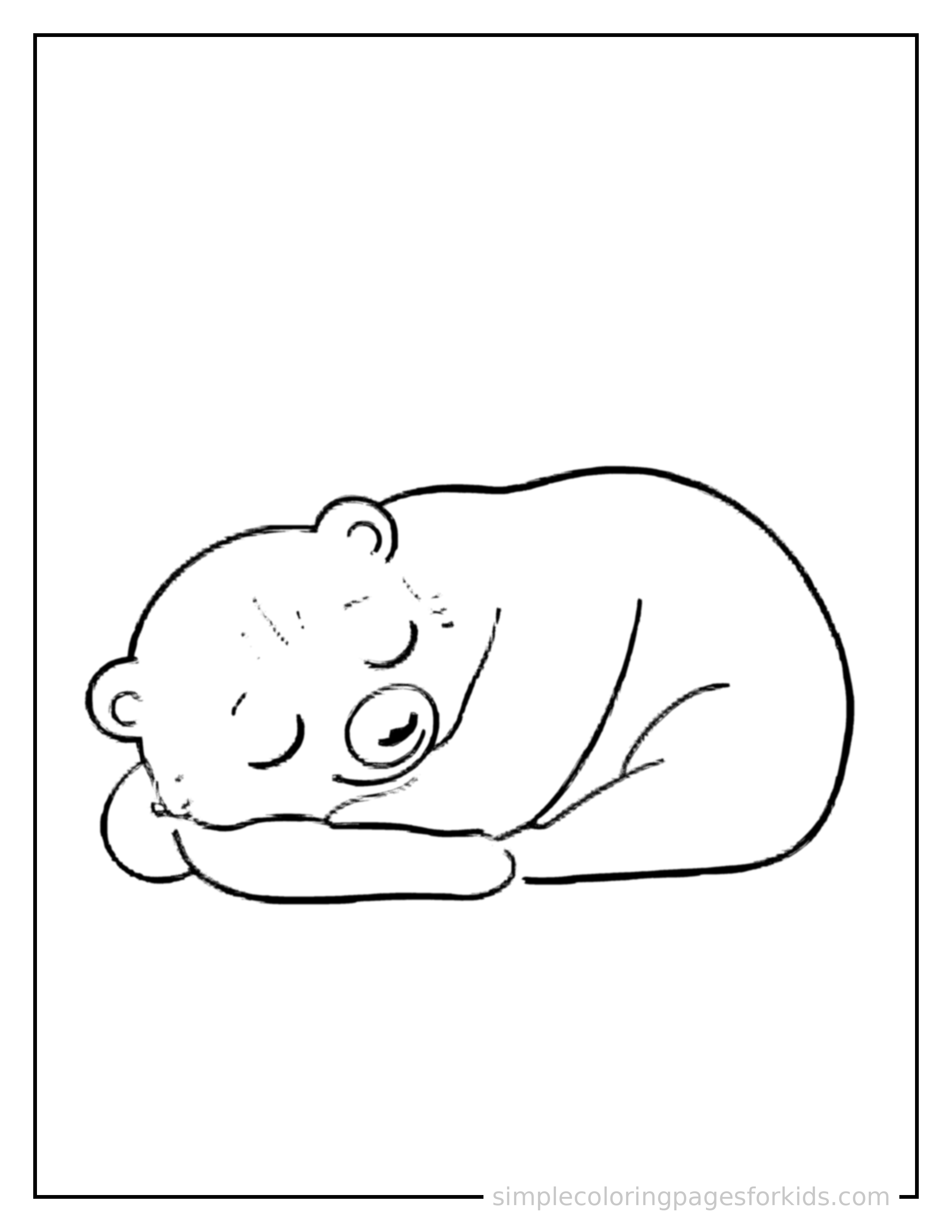 Free printable bear coloring page featuring a cute bear curled up fast asleep, peaceful smile, one eye scrunched shut, paws tucked under its chin.