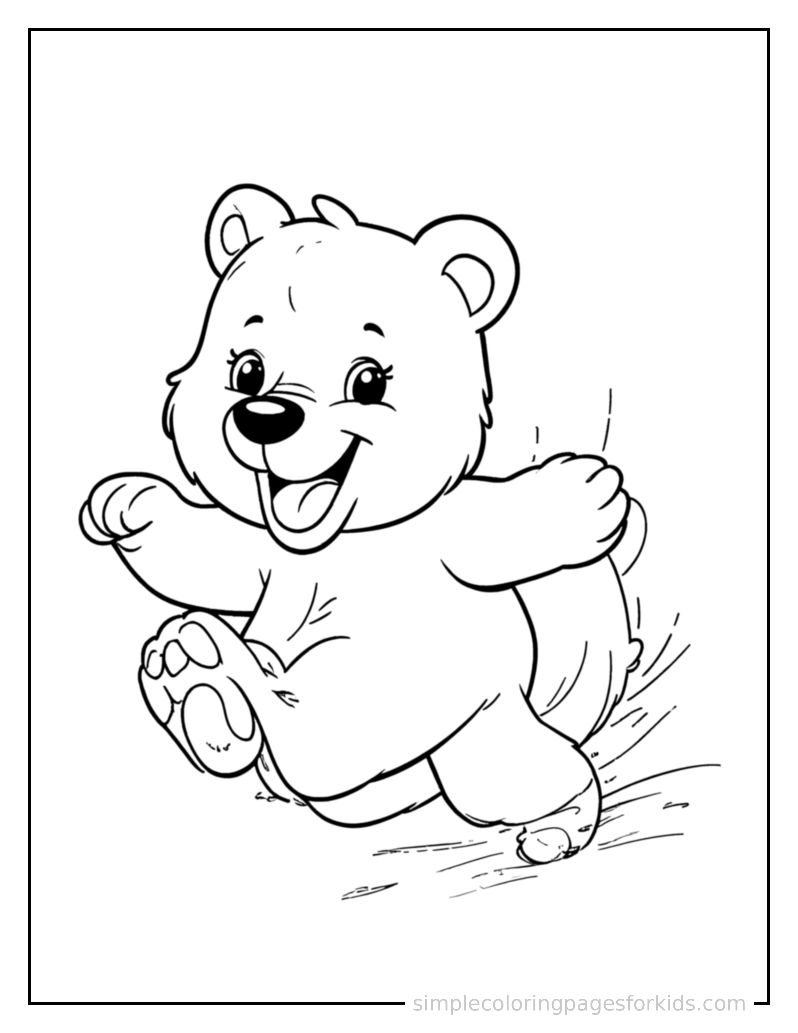 Free printable bear coloring page featuring a cute bear galloping forward at full speed, tongue out, ears flying back, big happy grin.