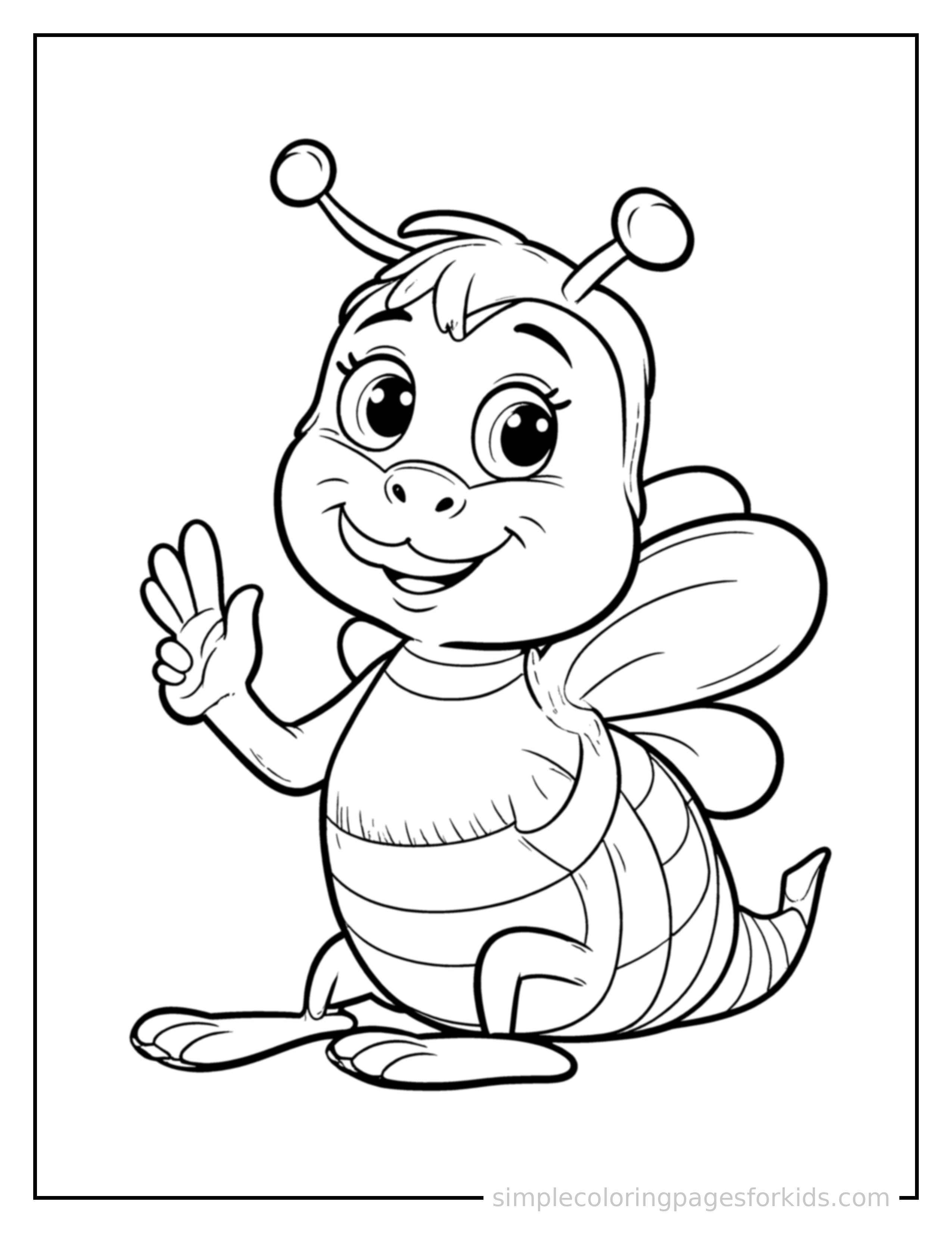 Free printable bee coloring page featuring a cute bee sitting up tall with a big cheerful grin, head tilted slightly, one paw raised in a wave.