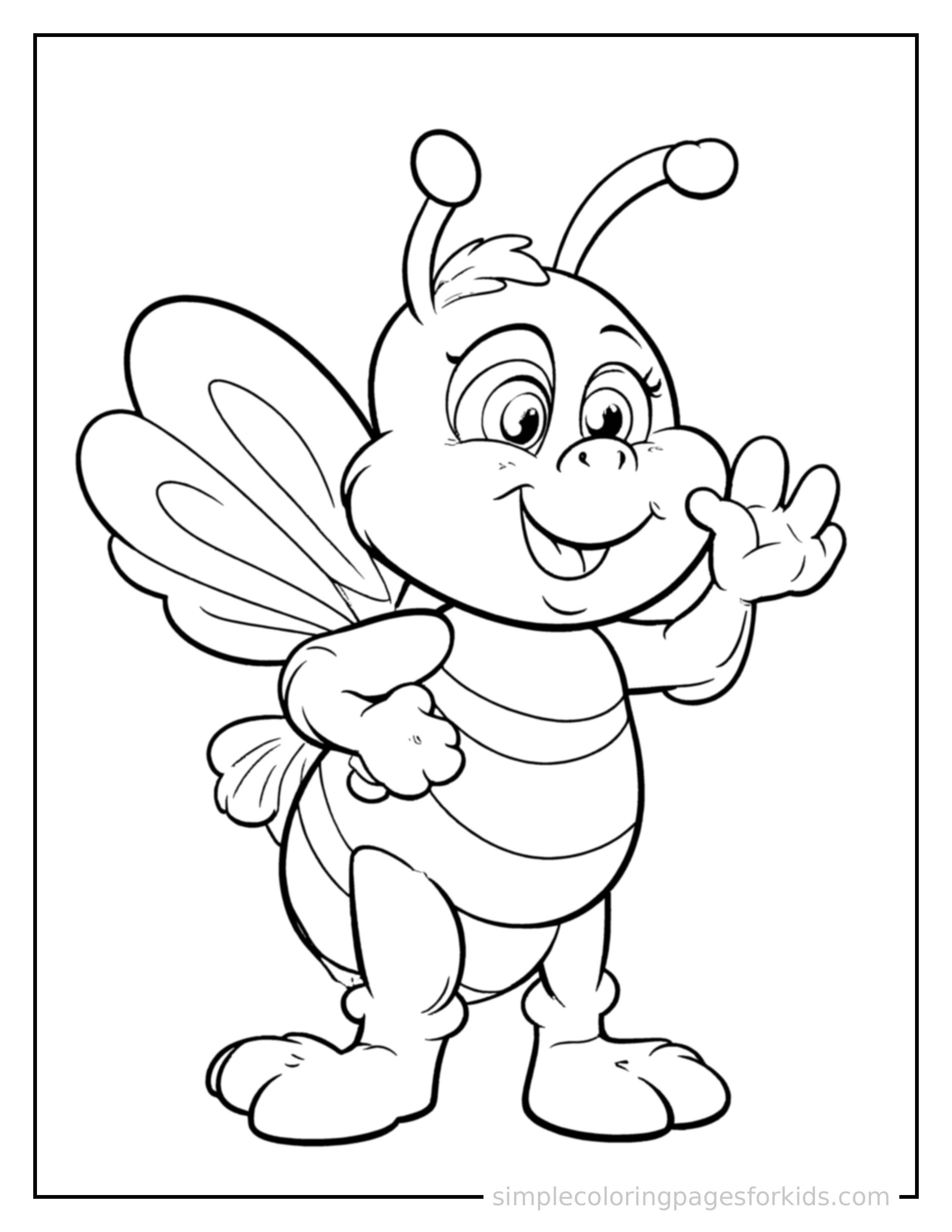 Free printable bee coloring page featuring a cute bee standing proudly on all fours, chest puffed out, big sparkling happy eyes, mouth open in a joyful smile.