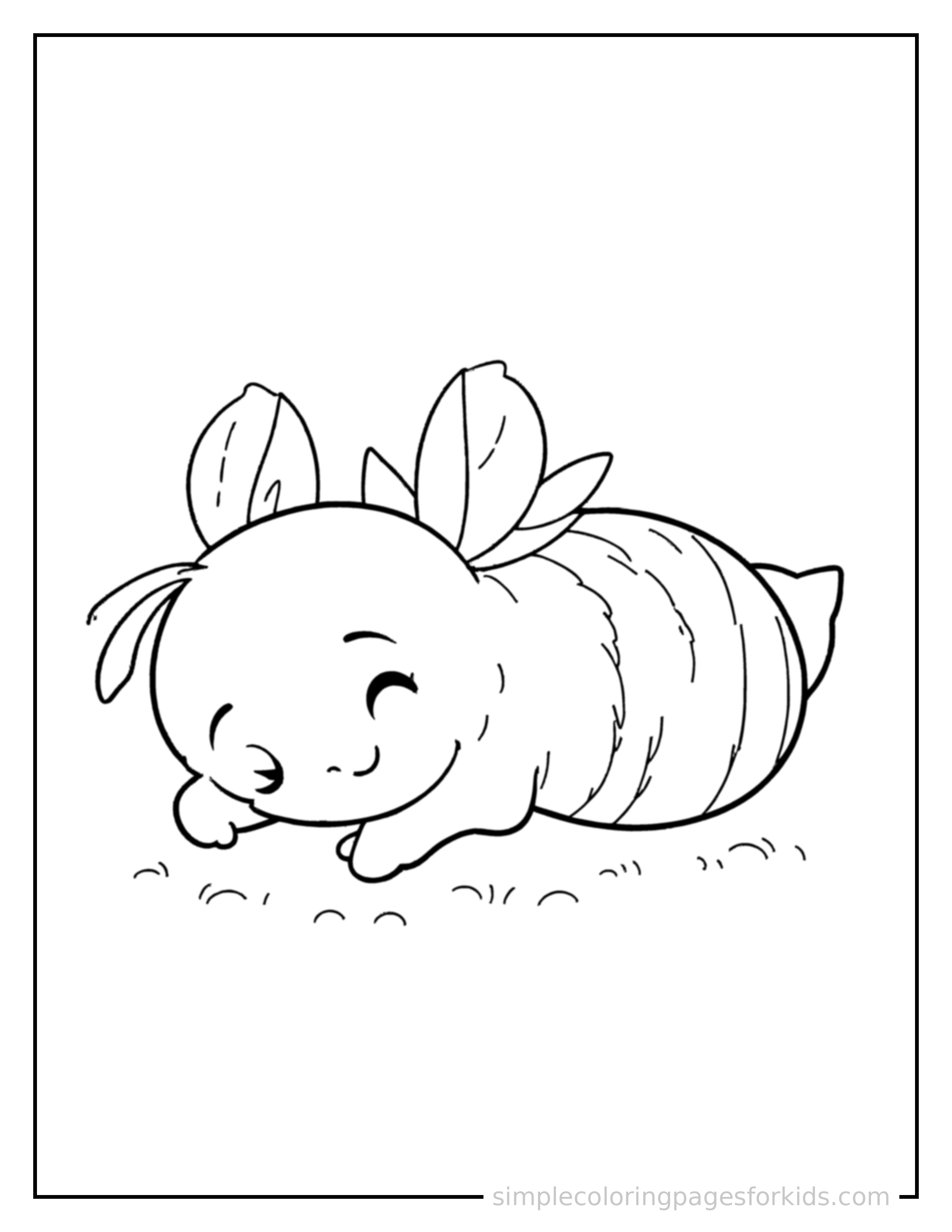 Free printable bee coloring page featuring a cute bee curled up fast asleep, peaceful smile, one eye scrunched shut, paws tucked under its chin.