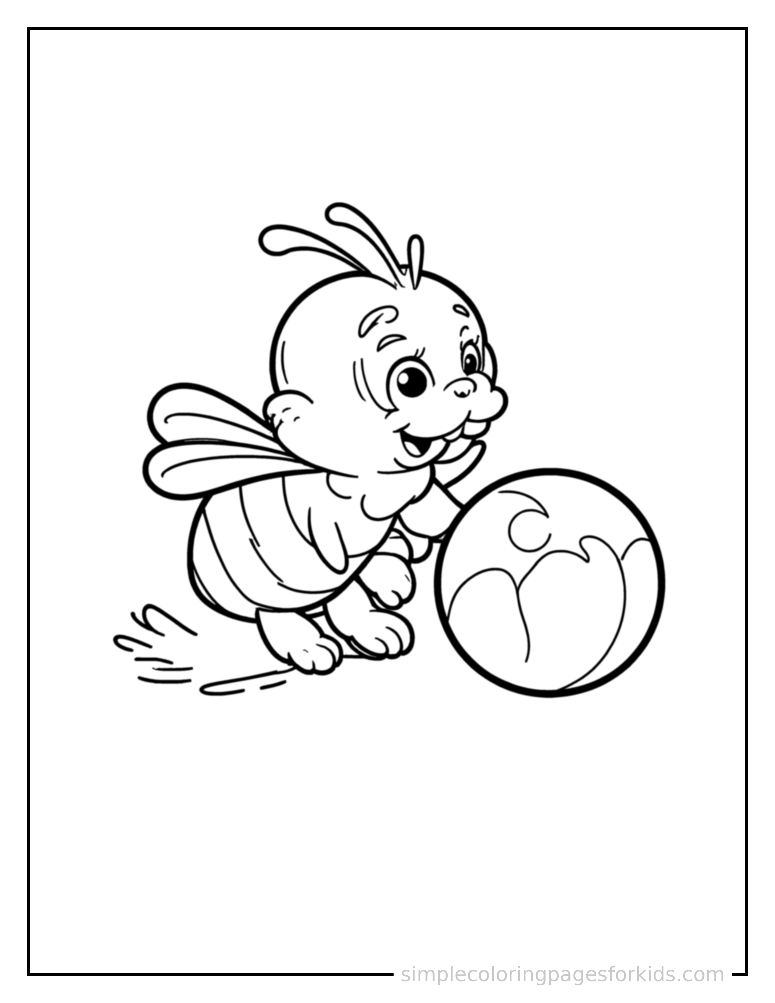 Free printable bee coloring page featuring a cute bee mid-bounce chasing a round ball, front paws stretched forward, mouth open with excitement, ears flopping.