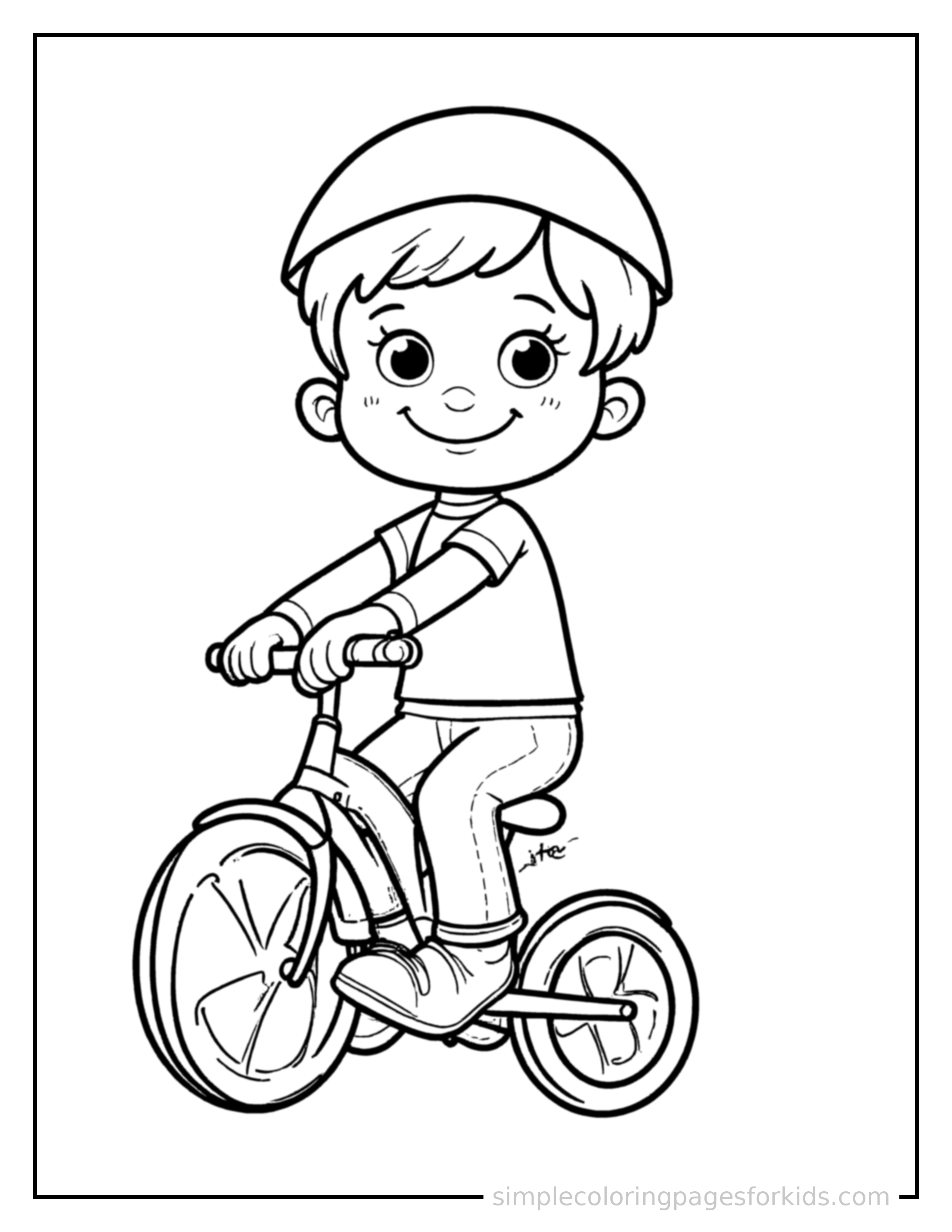 Free printable bicycle coloring page featuring a cute kid riding a bicycle with a helmet on standing proudly with hands on hips, chest out, big sparkling happy eyes and open smile.