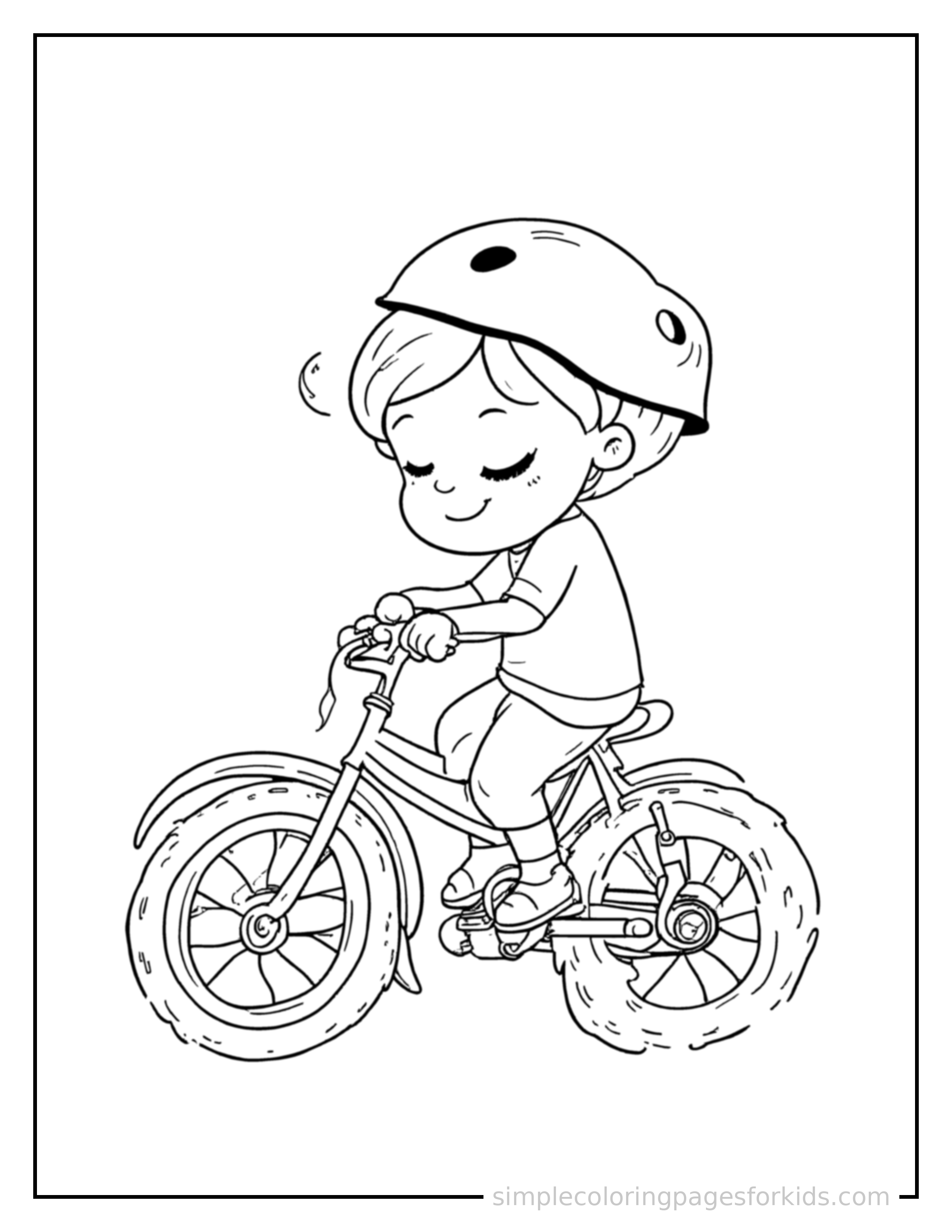 Free printable bicycle coloring page featuring a cute kid riding a bicycle with a helmet on curled up fast asleep, peaceful smile, one eye scrunched shut, hands tucked under the chin.