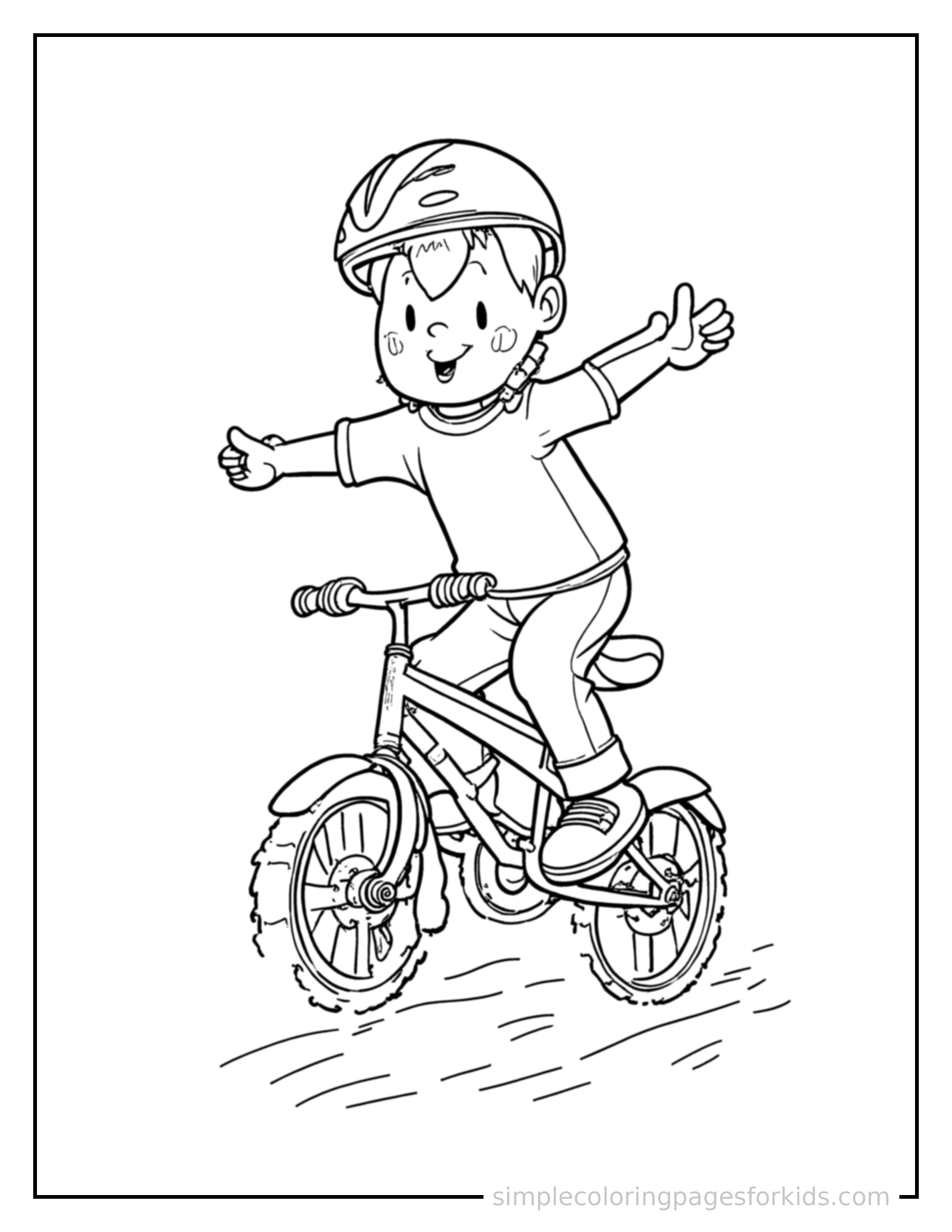 Free printable bicycle coloring page featuring a cute kid riding a bicycle with a helmet on mid-jump with arms and legs stretched out playfully, mouth open with excitement.
