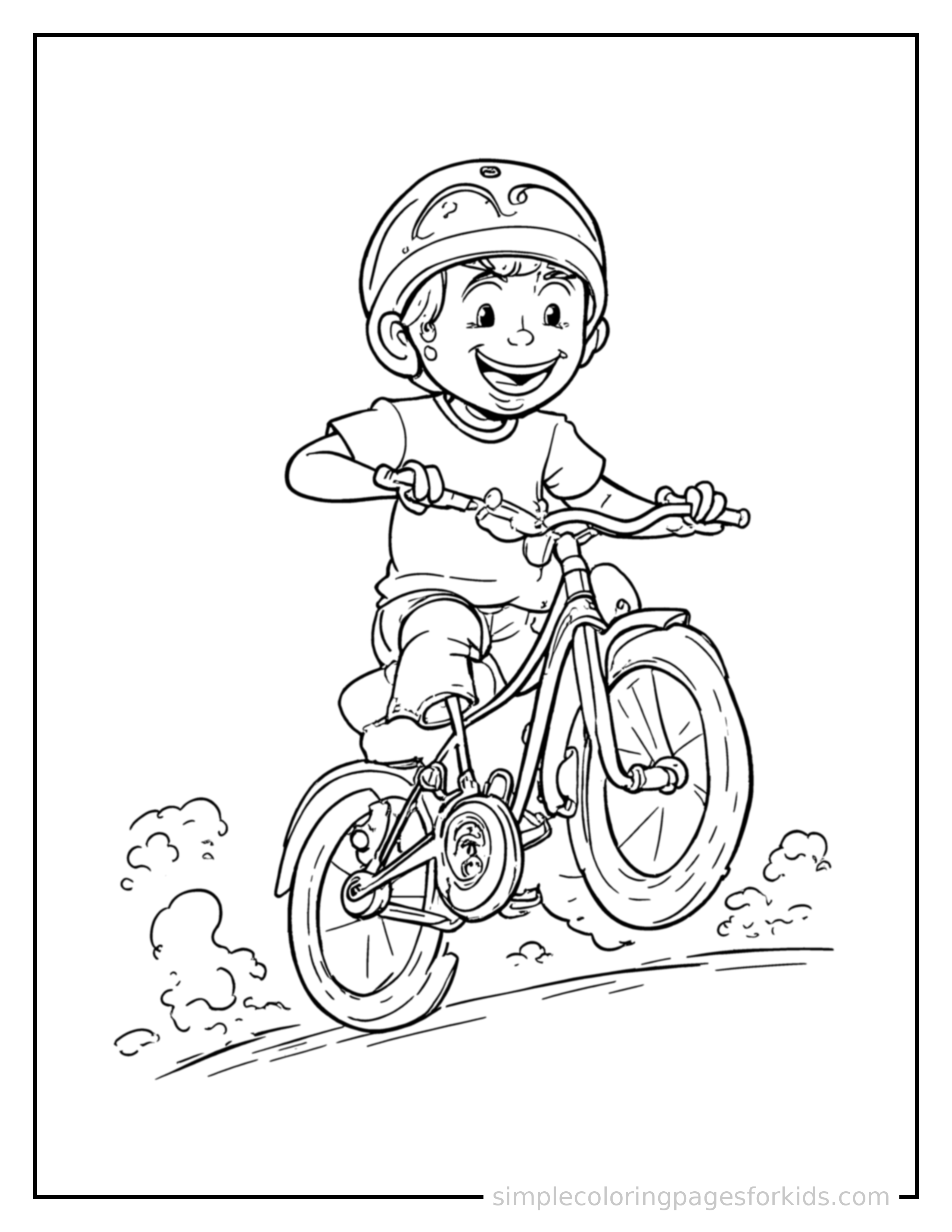 Free printable bicycle coloring page featuring a cute kid riding a bicycle with a helmet on running forward at full speed, arms pumping, big happy grin.
