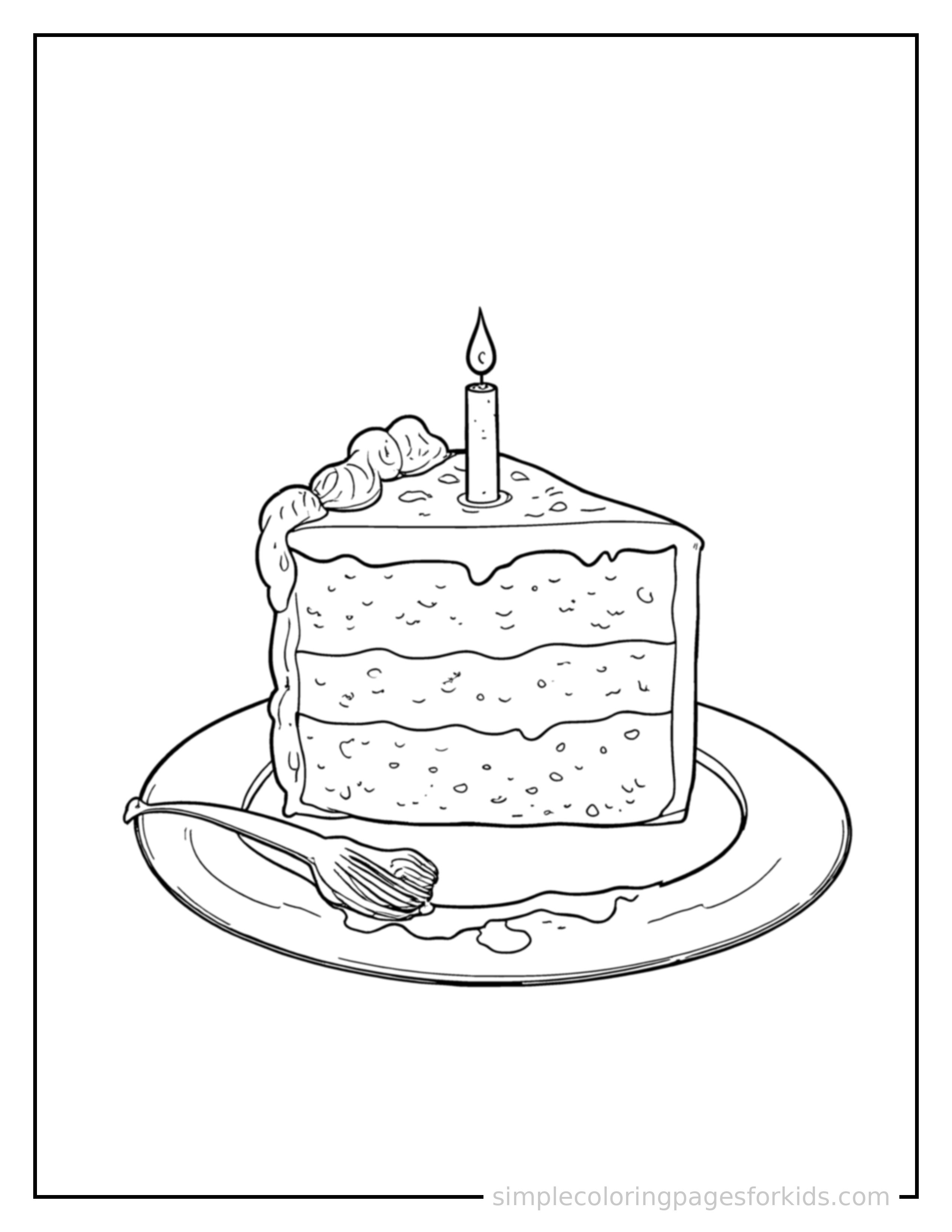 Free printable birthday cake coloring page featuring a slice of birthday cake on a plate with a fork.