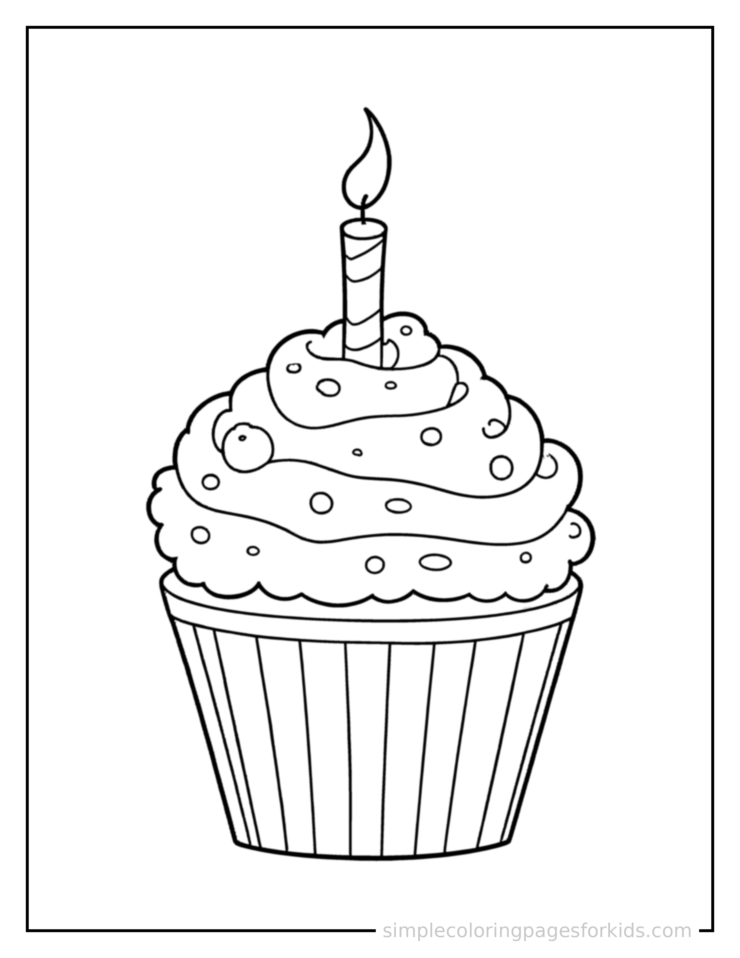 Free printable birthday cake coloring page featuring a birthday cupcake with a single candle.