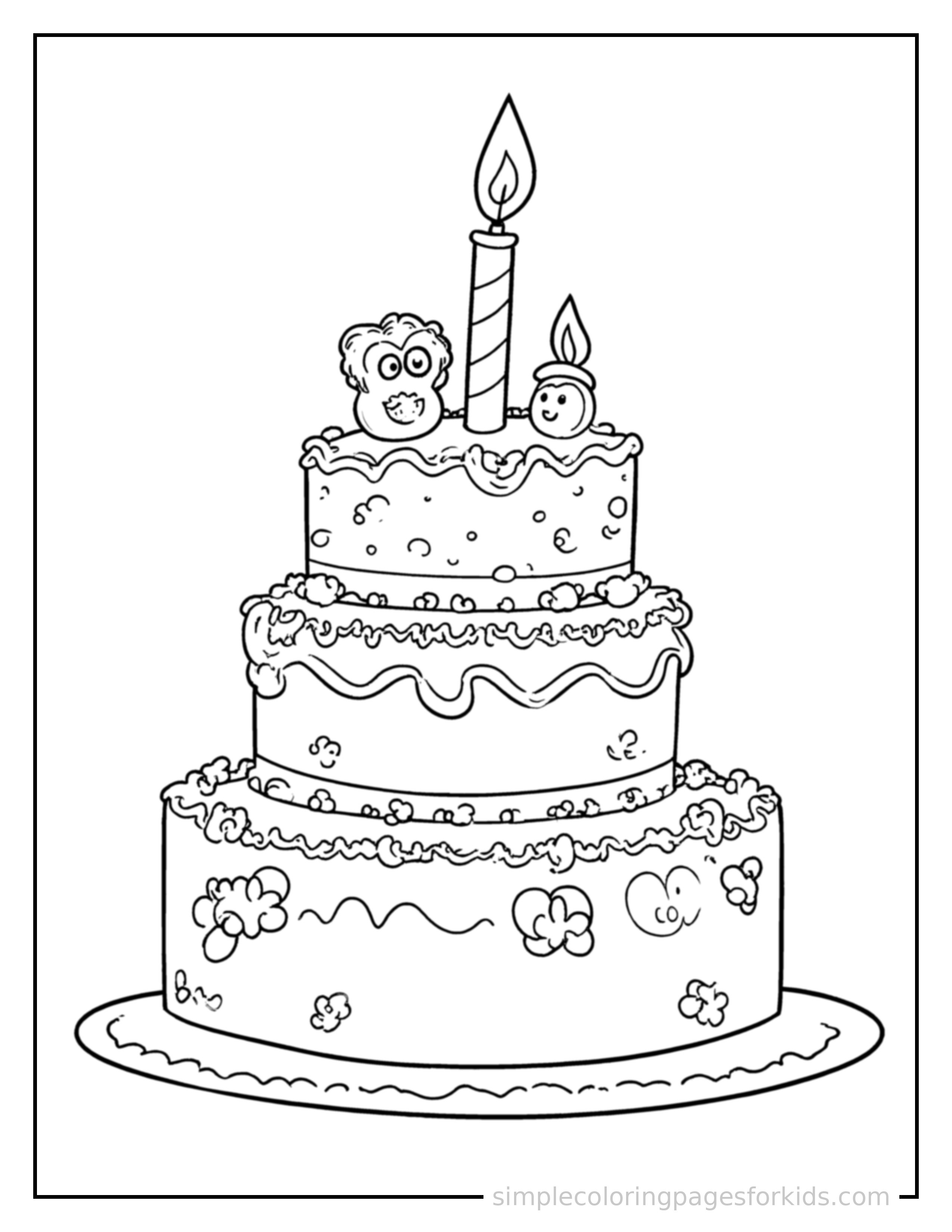Free printable birthday cake coloring page featuring a tall tiered birthday cake with decorations.
