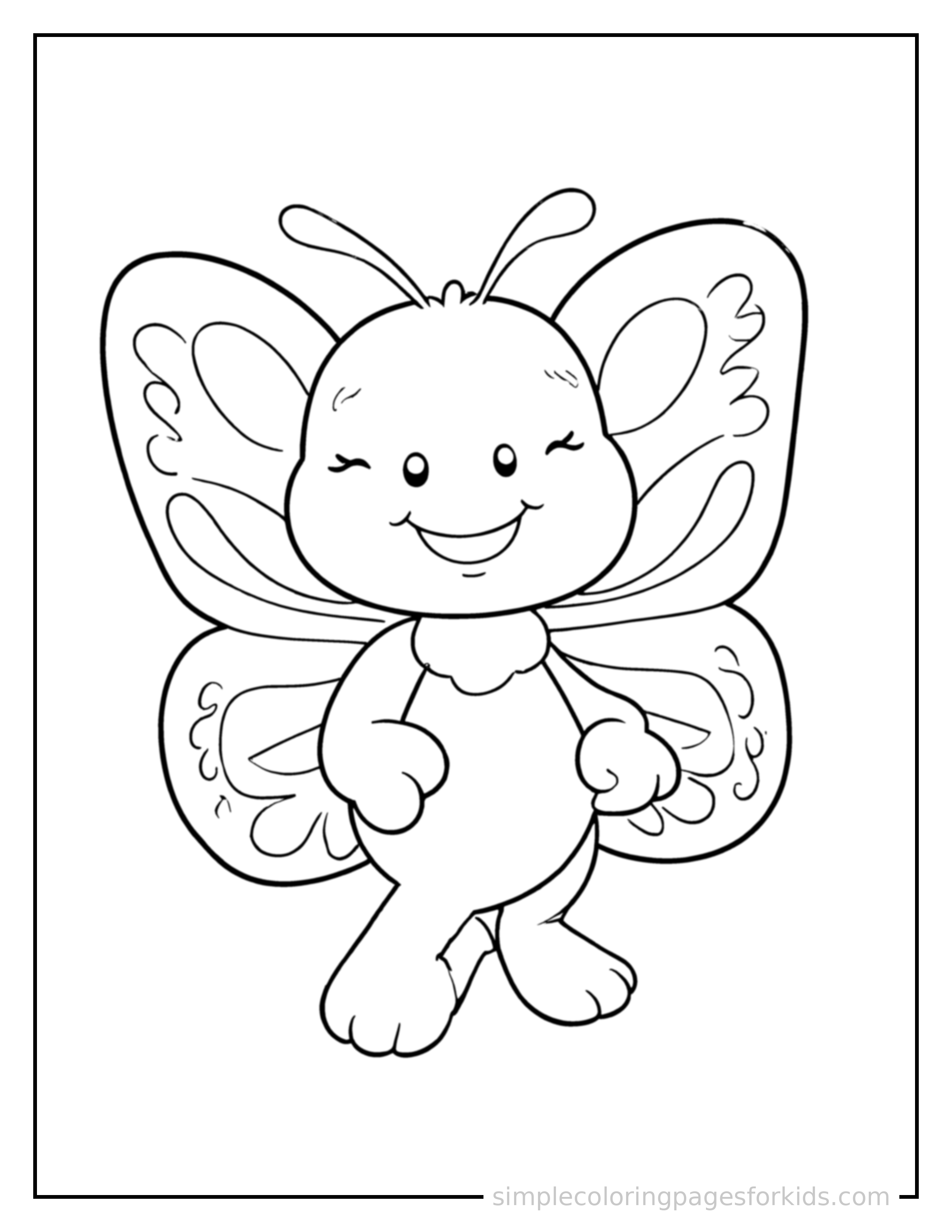 Free printable butterfly coloring page featuring a cute butterfly standing proudly on all fours, chest puffed out, big sparkling happy eyes, mouth open in a joyful smile.