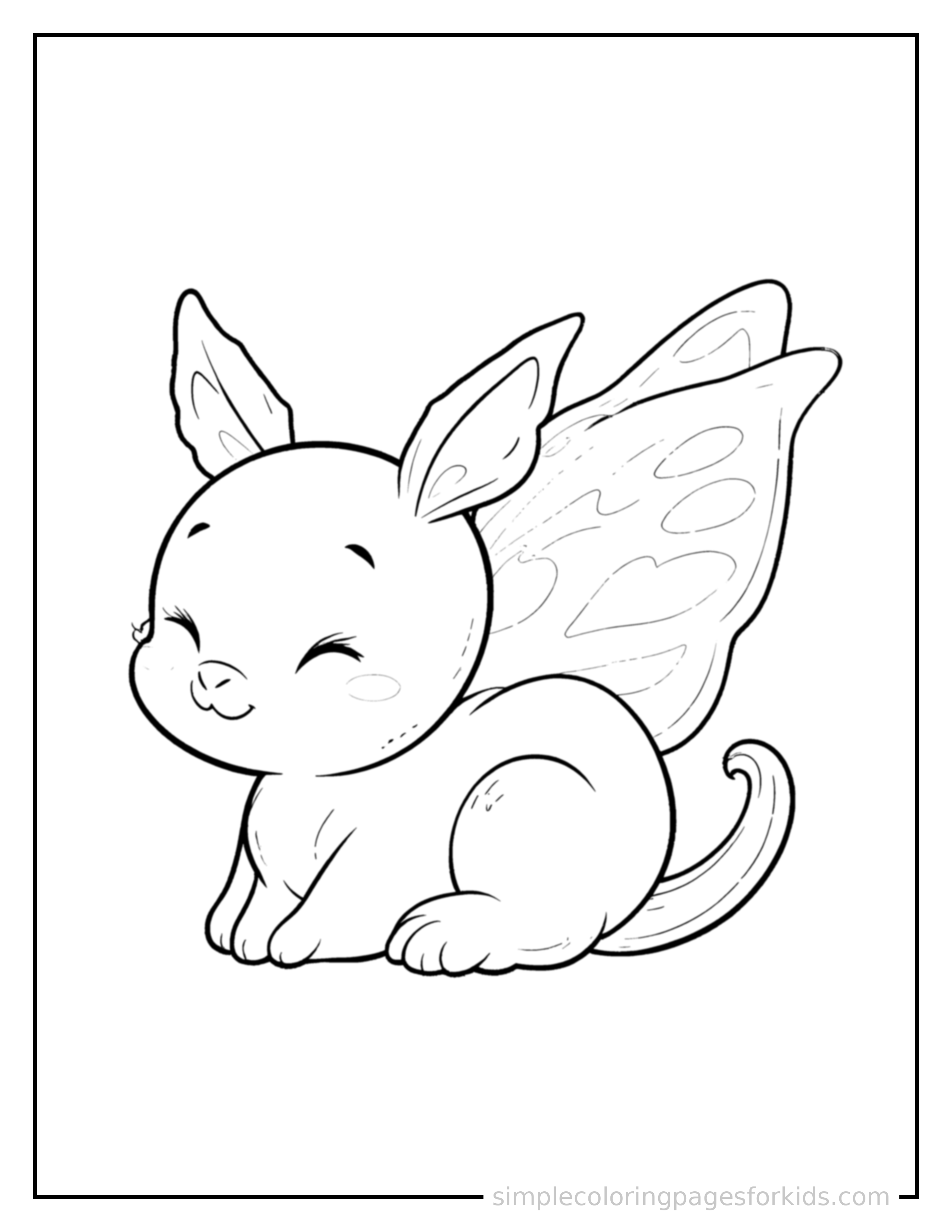Free printable butterfly coloring page featuring a cute butterfly curled up fast asleep, peaceful smile, one eye scrunched shut, paws tucked under its chin.