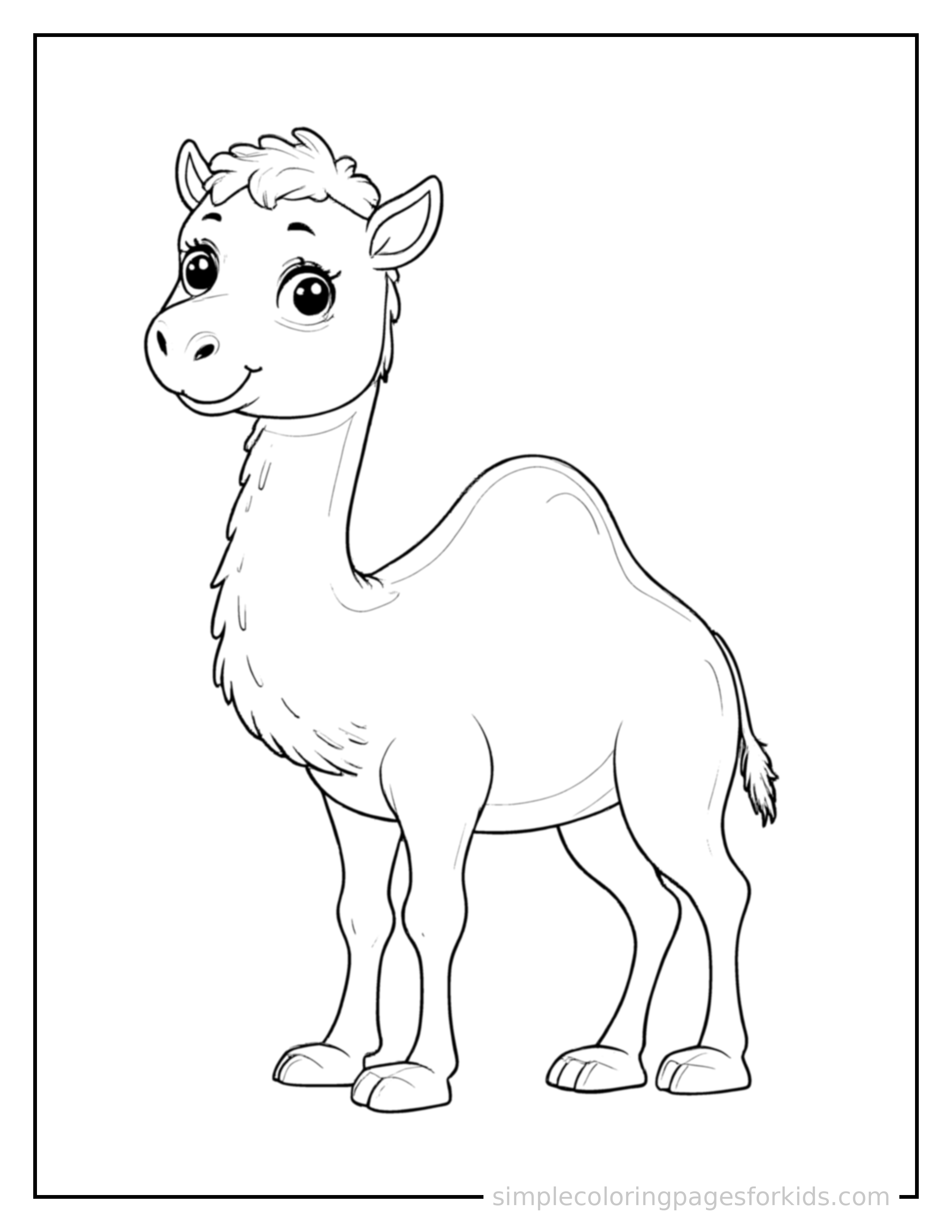 Free printable camel coloring page featuring a cute camel standing proudly on all fours, chest puffed out, big sparkling happy eyes, mouth open in a joyful smile.