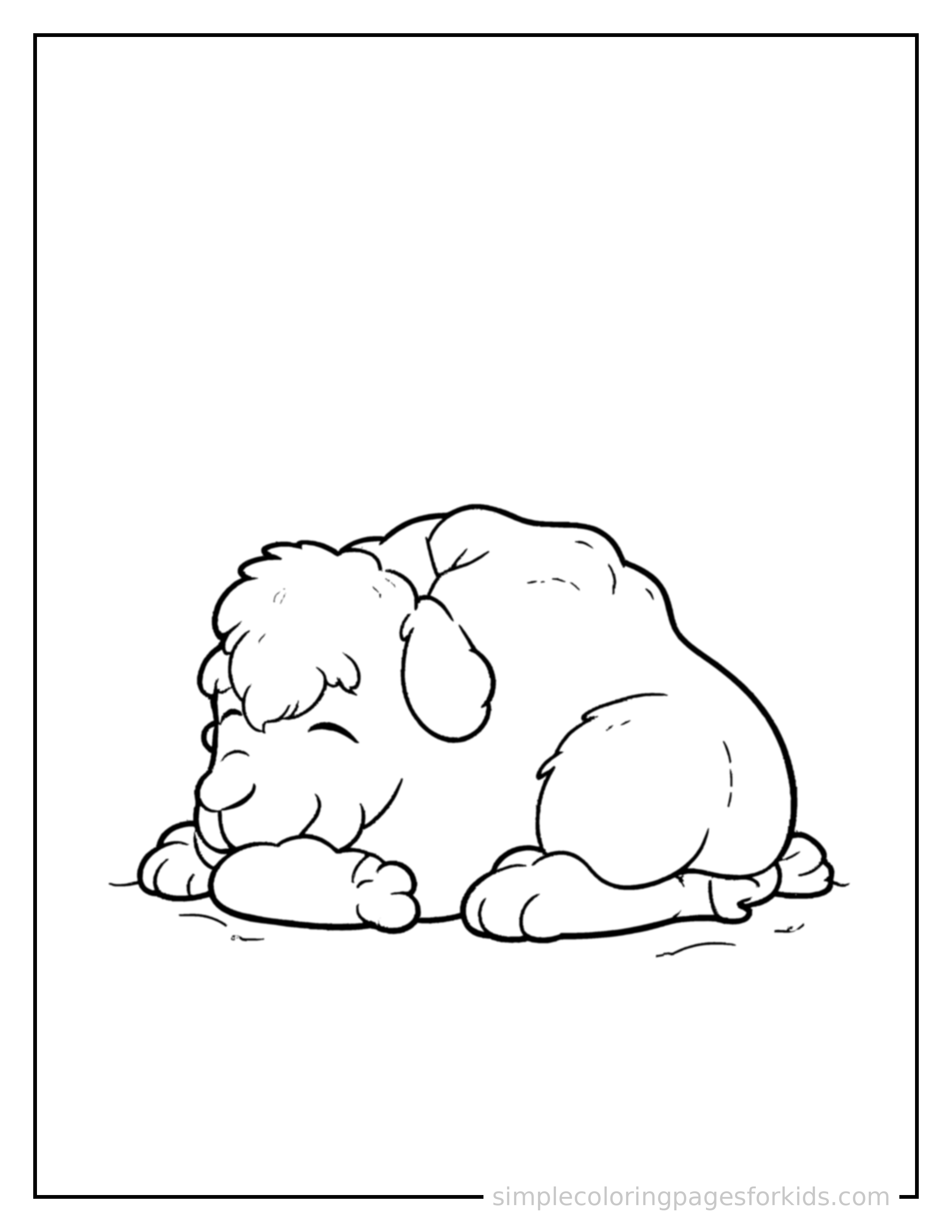 Free printable camel coloring page featuring a cute camel curled up fast asleep, peaceful smile, one eye scrunched shut, paws tucked under its chin.