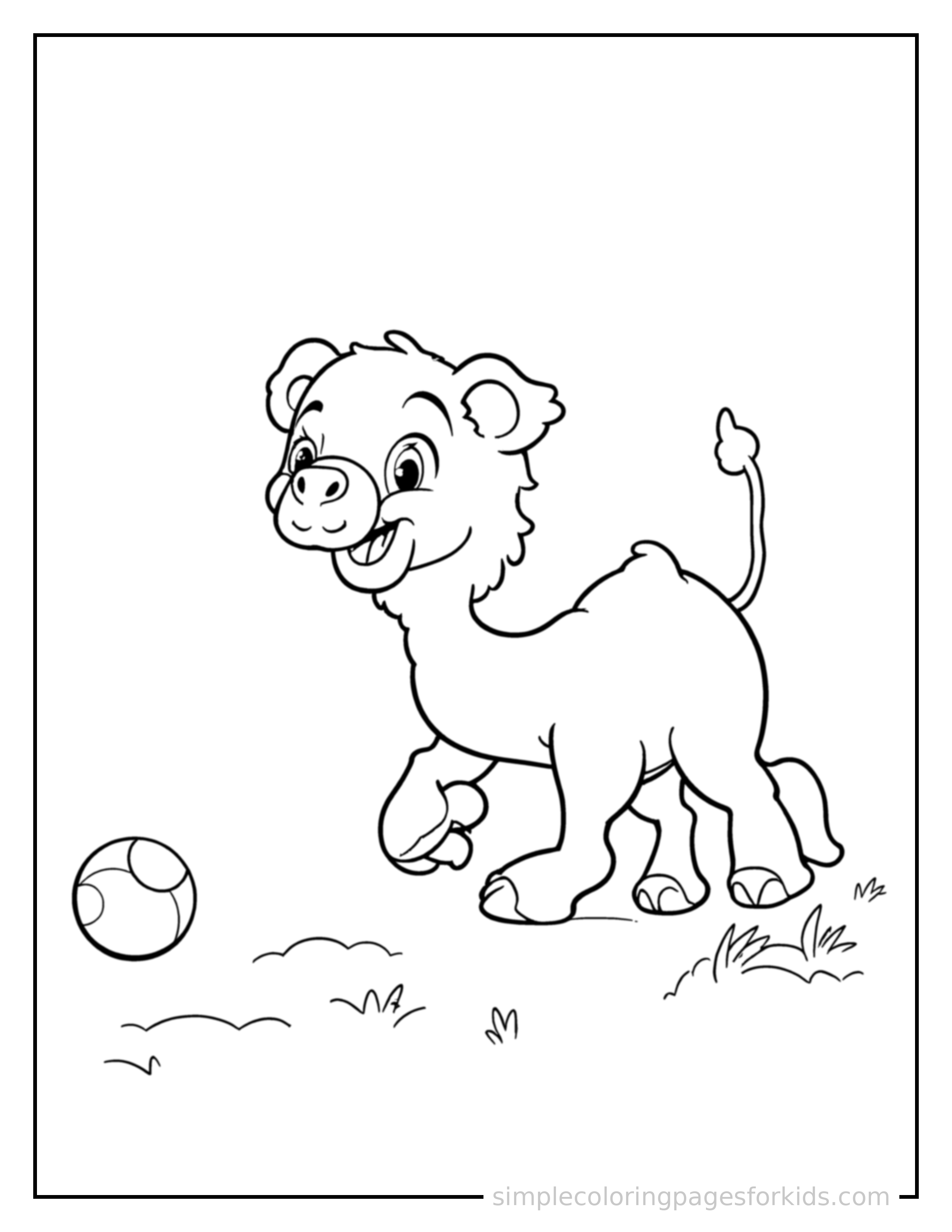 Free printable camel coloring page featuring a cute camel mid-bounce chasing a round ball, front paws stretched forward, mouth open with excitement, ears flopping.