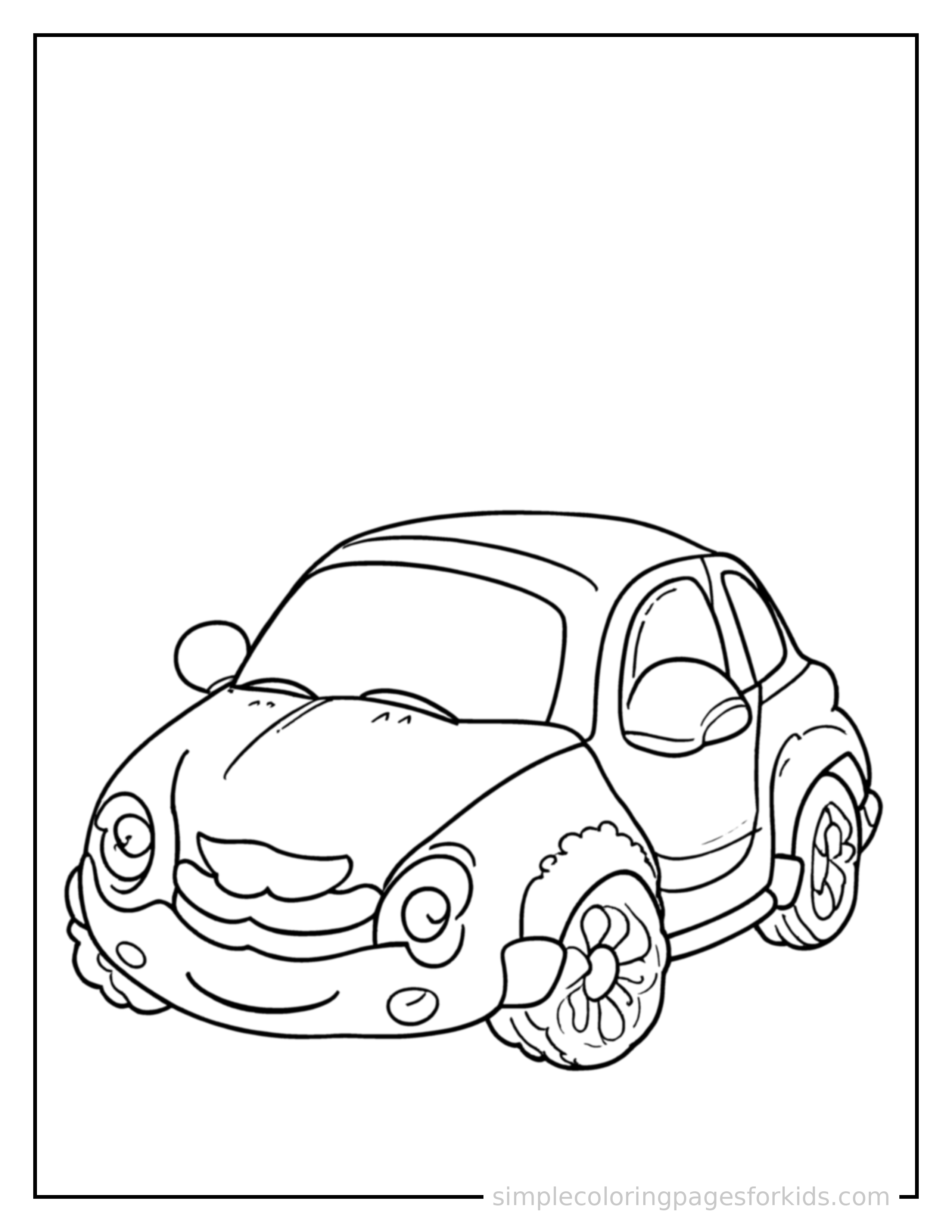 Free printable car coloring page featuring a cute car parked and resting with a sleepy happy expression, one headlight winking.
