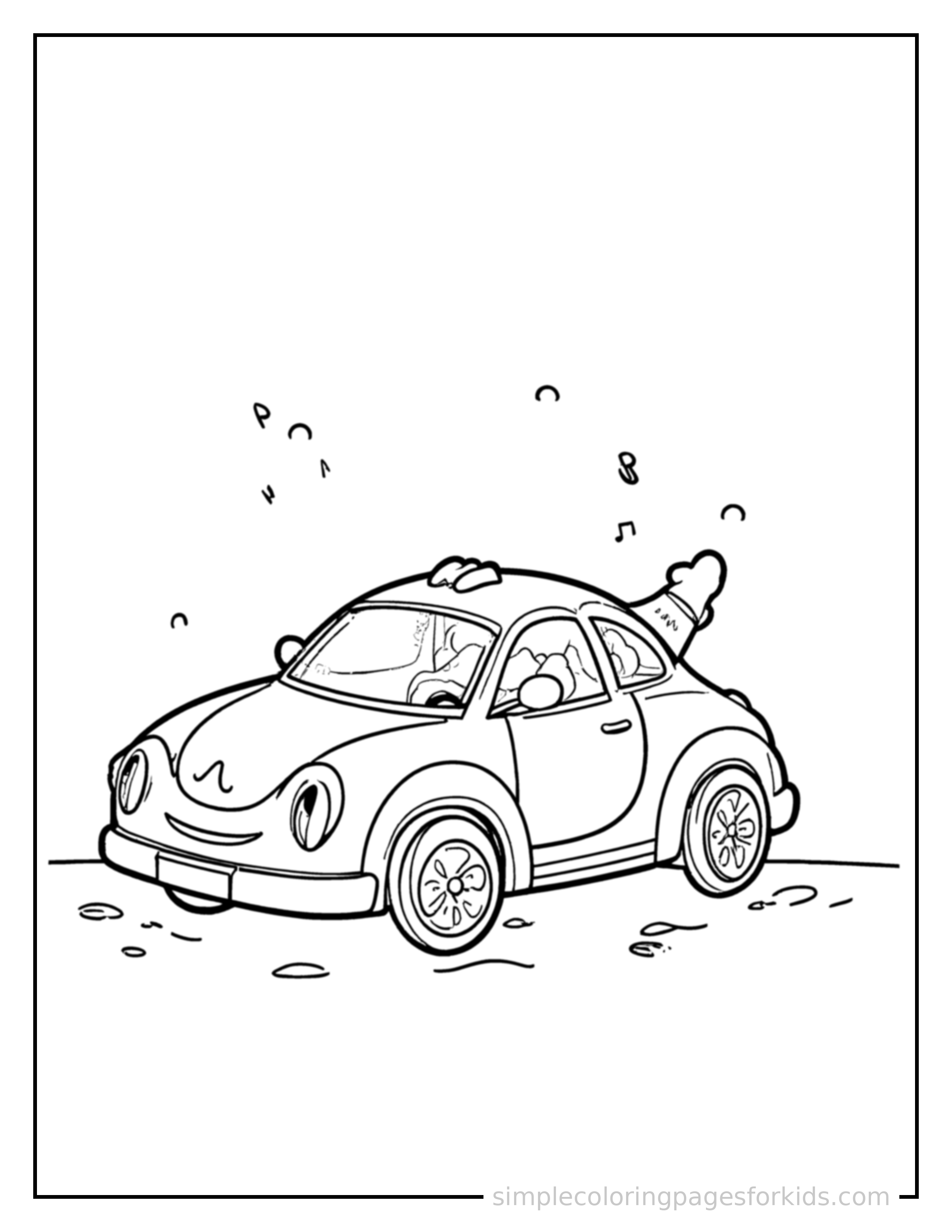 Free printable car coloring page featuring a cute car honking its horn with an excited open-mouth grin, small musical notes nearby.