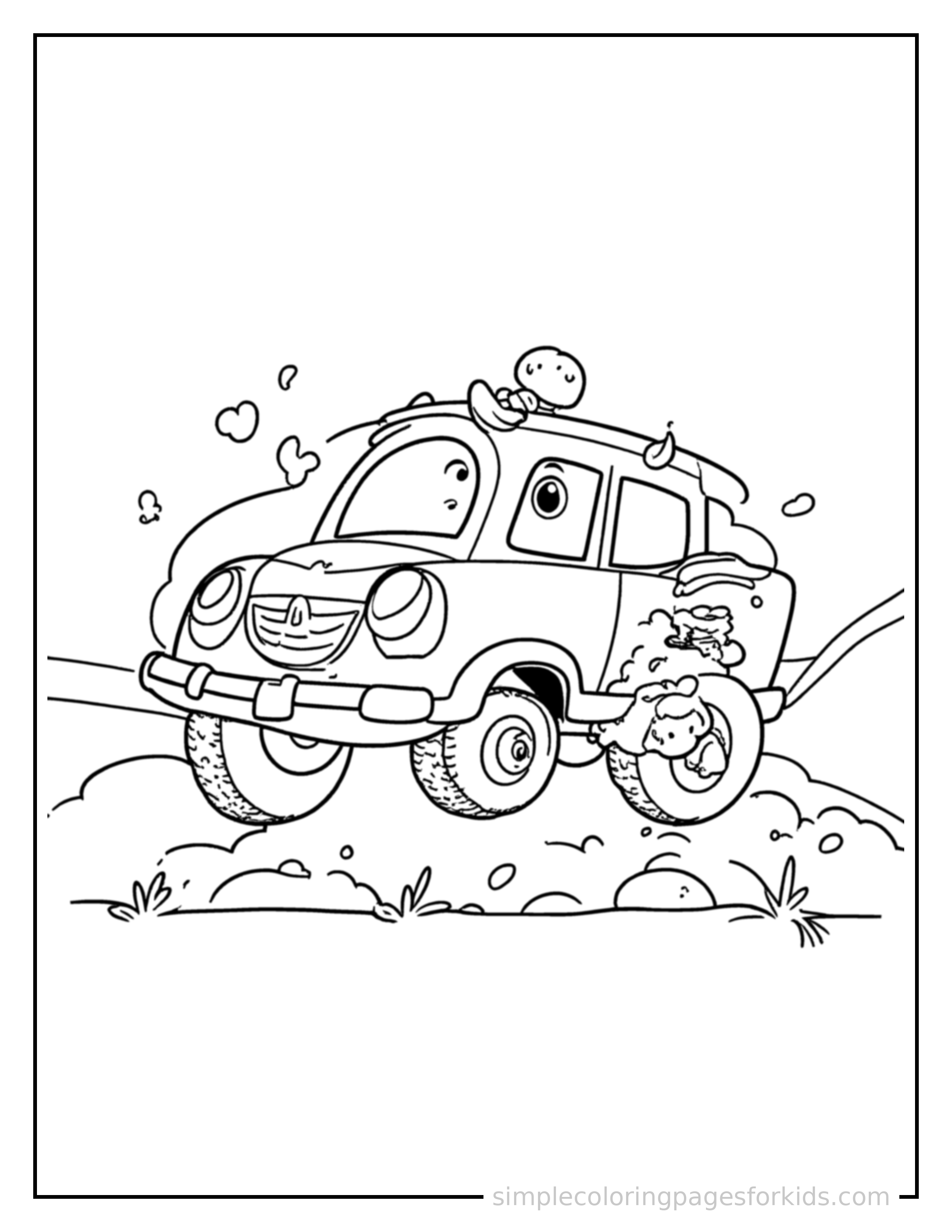 Free printable car coloring page featuring a cute car bouncing over a small bump in the road, joyful expression, wheels off the ground.