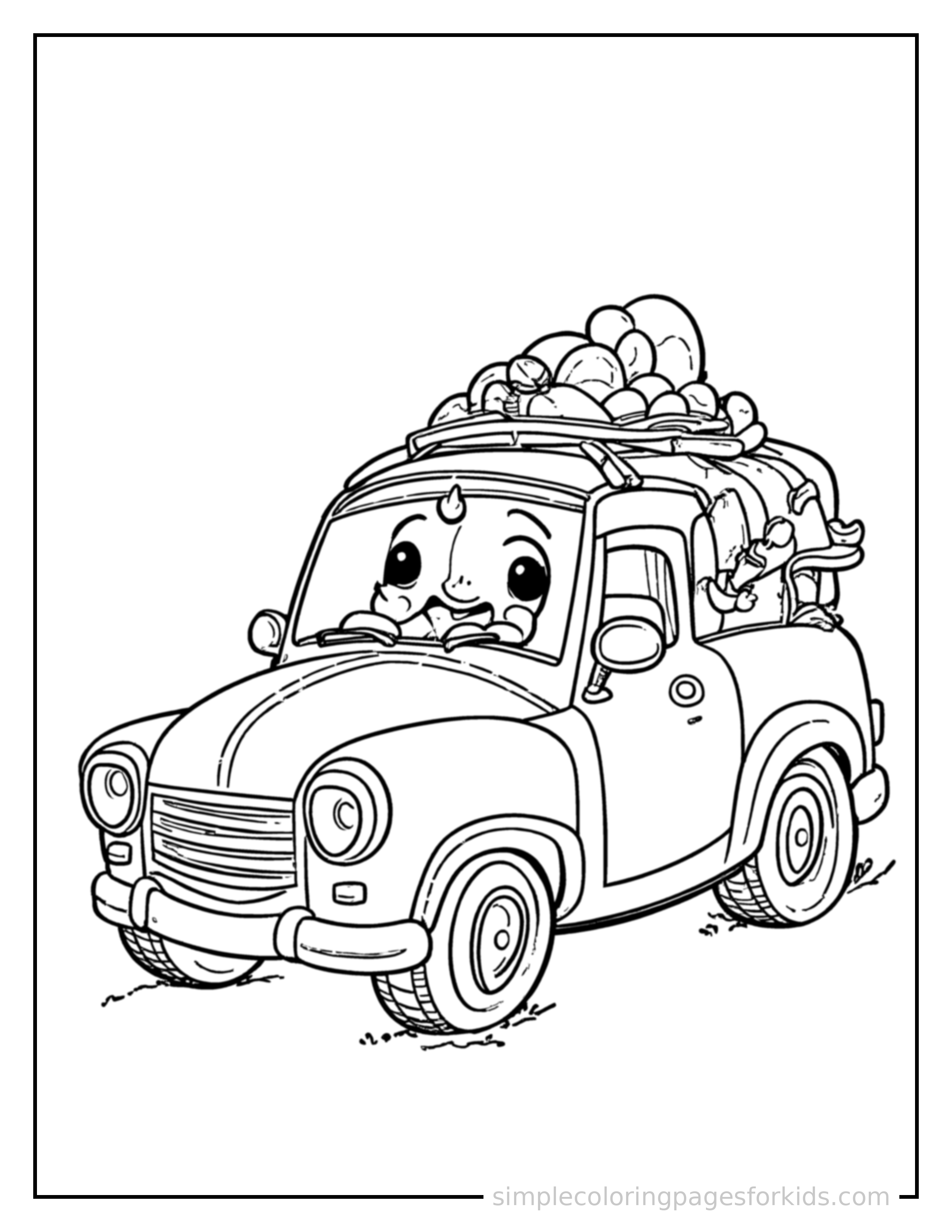 Free printable car coloring page featuring a cute car loaded up with fun cargo, proud big smile, motion lines showing it moving.