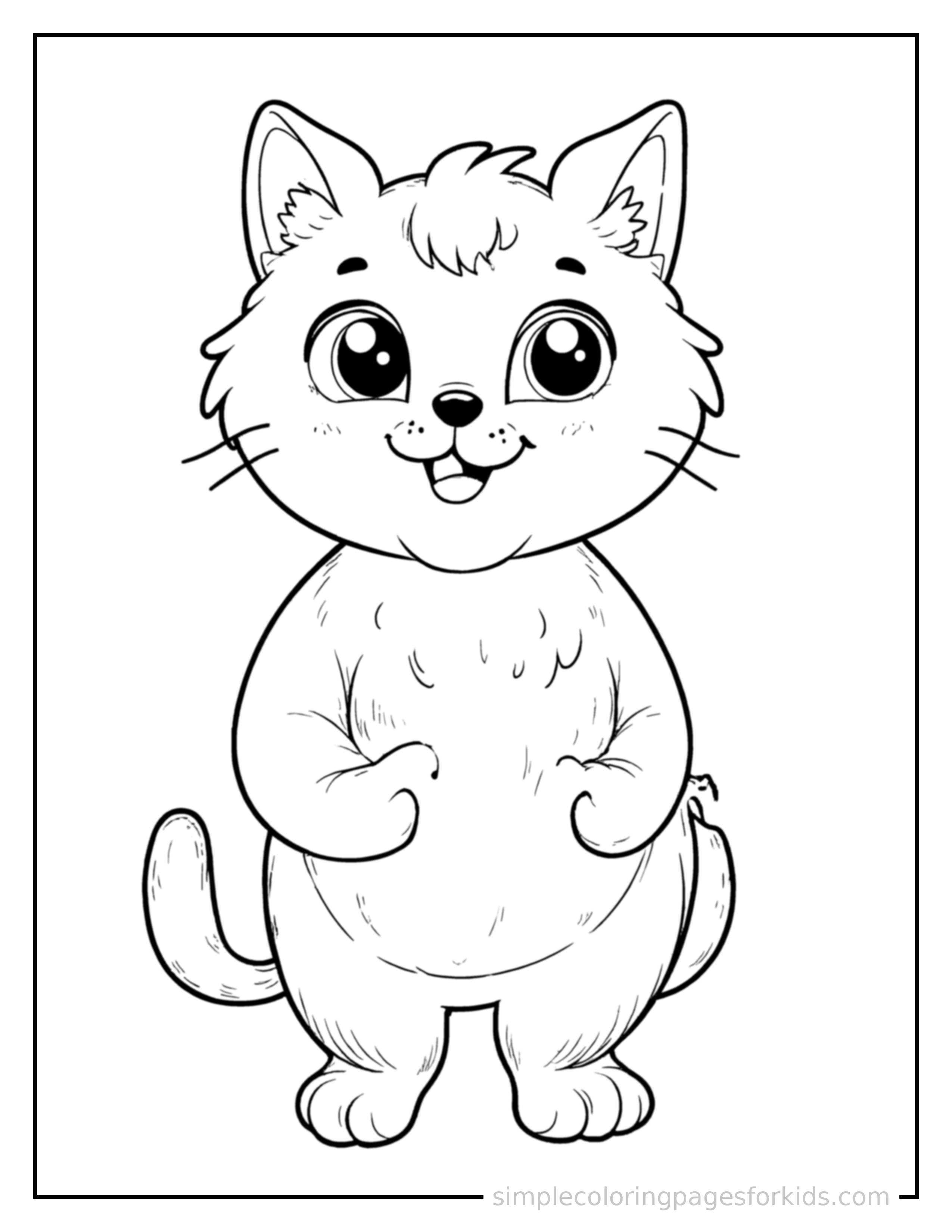 Free printable cat coloring page featuring a cute cat standing proudly on all fours, chest puffed out, big sparkling happy eyes, mouth open in a joyful smile.