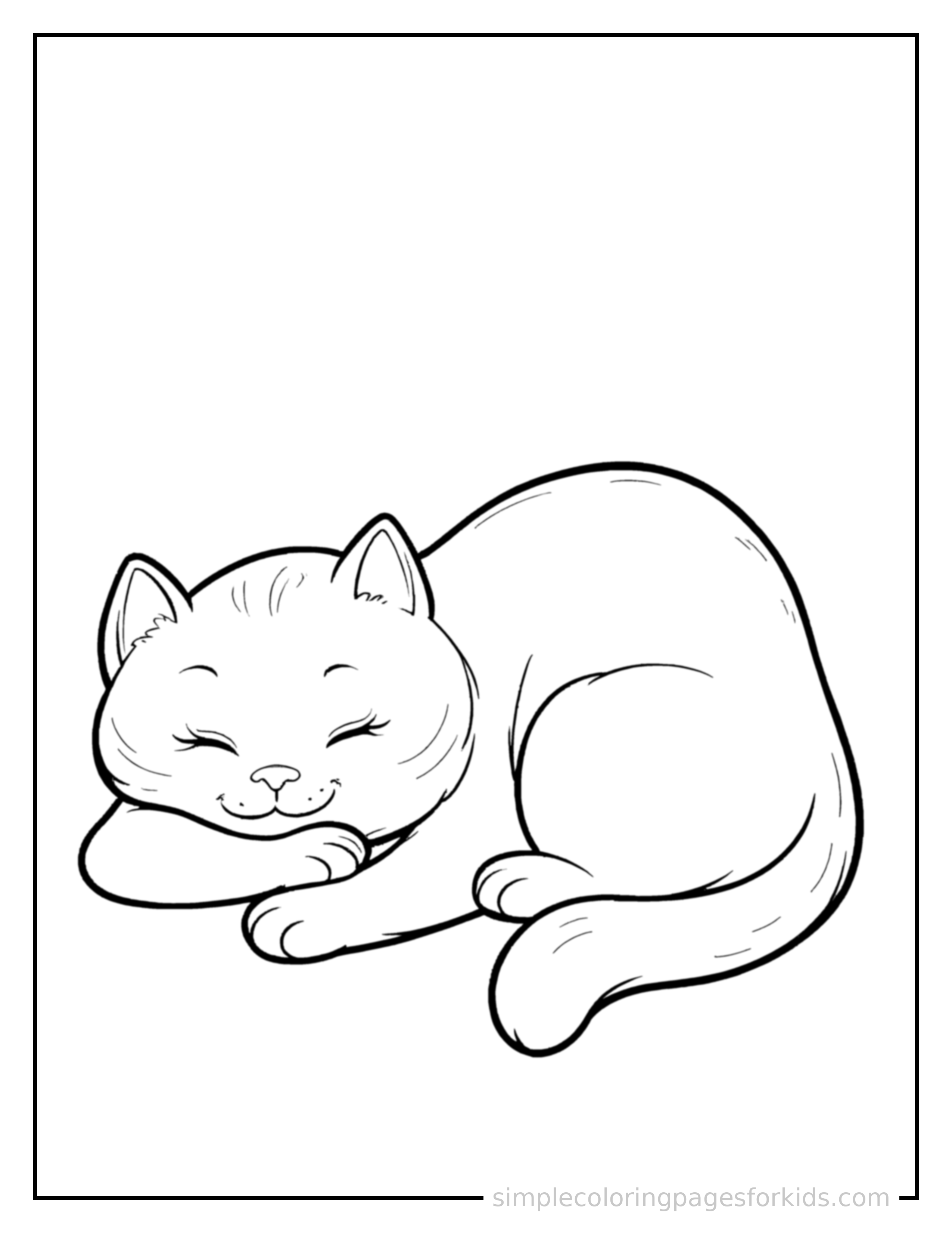 Free printable cat coloring page featuring a cute cat curled up fast asleep, peaceful smile, one eye scrunched shut, paws tucked under its chin.