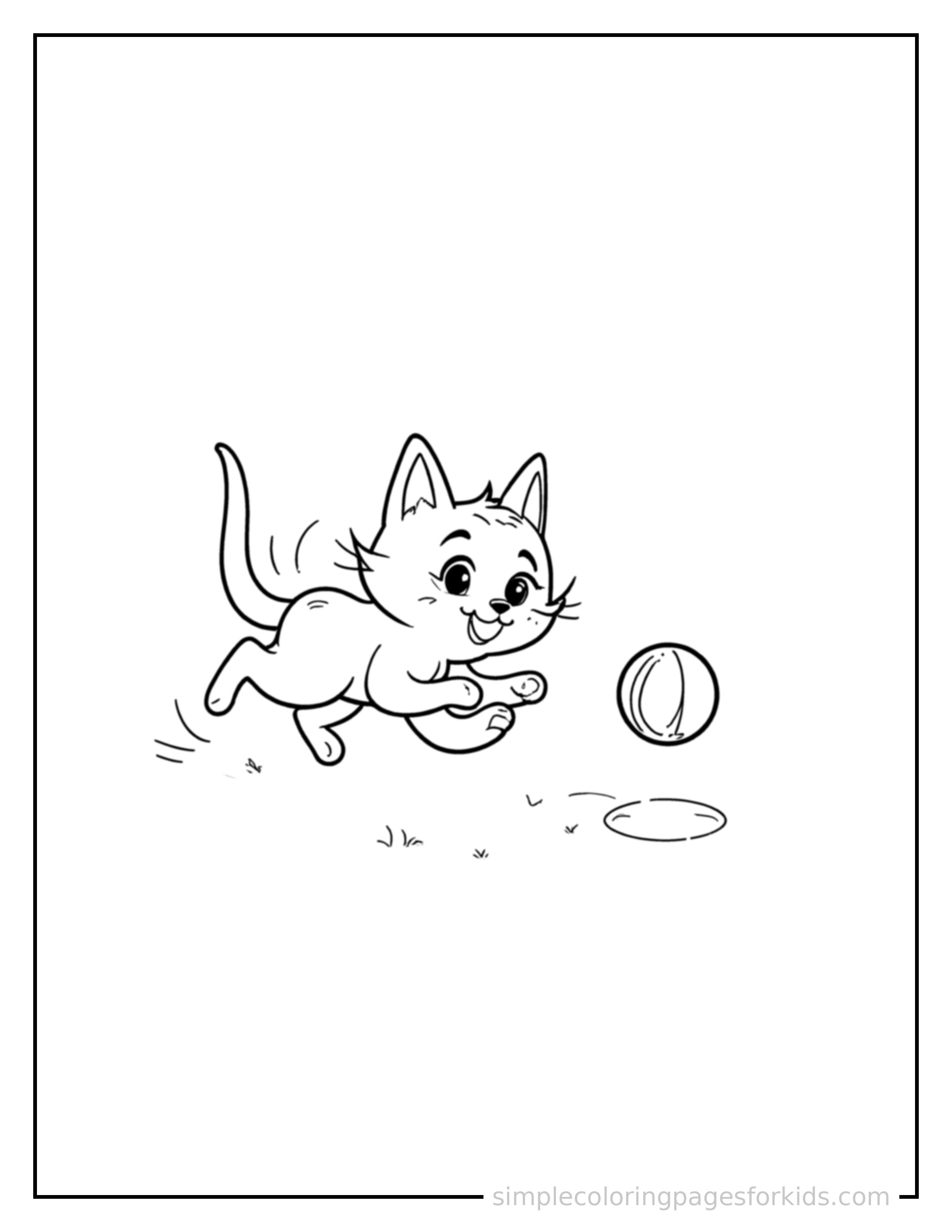 Free printable cat coloring page featuring a cute cat mid-bounce chasing a round ball, front paws stretched forward, mouth open with excitement, ears flopping.