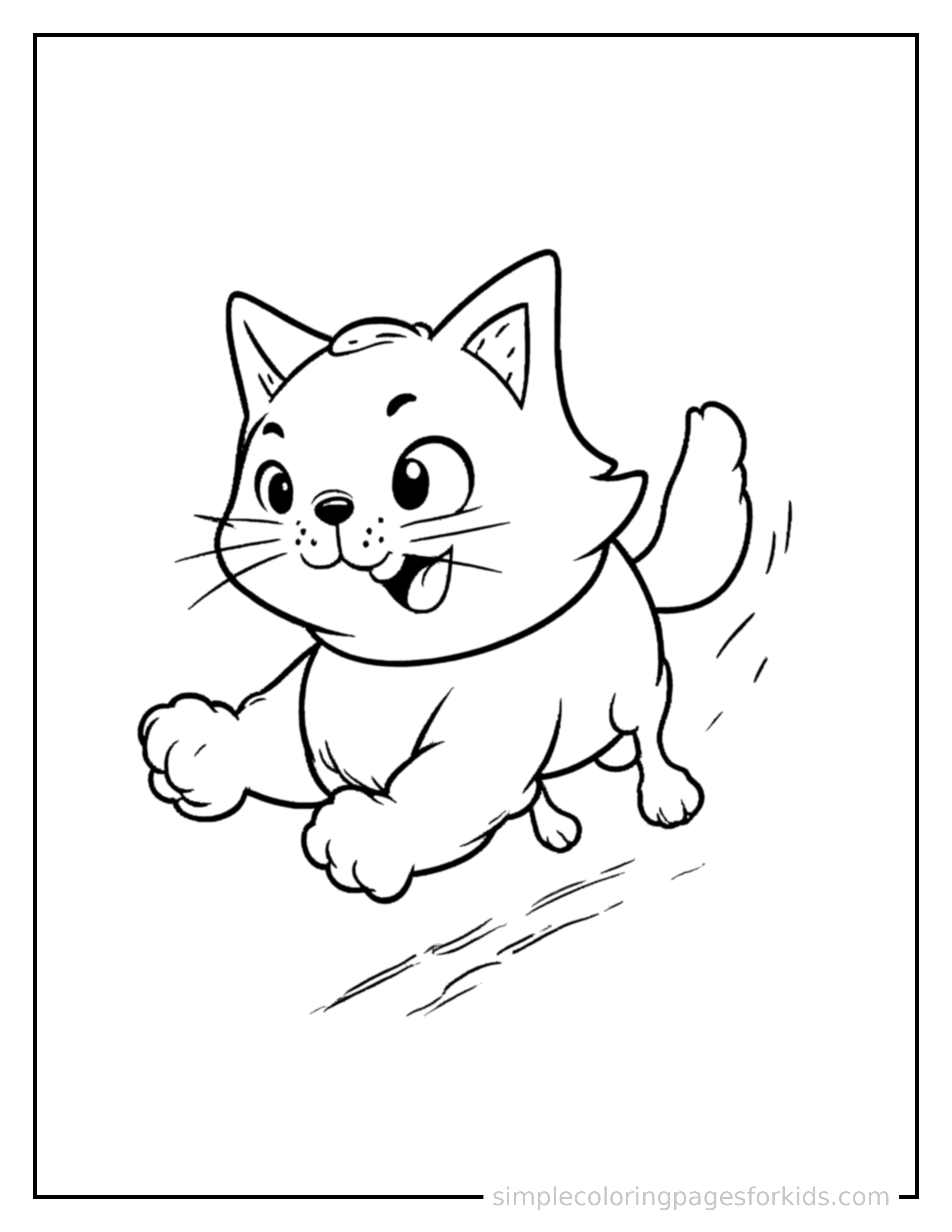 Free printable cat coloring page featuring a cute cat galloping forward at full speed, tongue out, ears flying back, big happy grin.