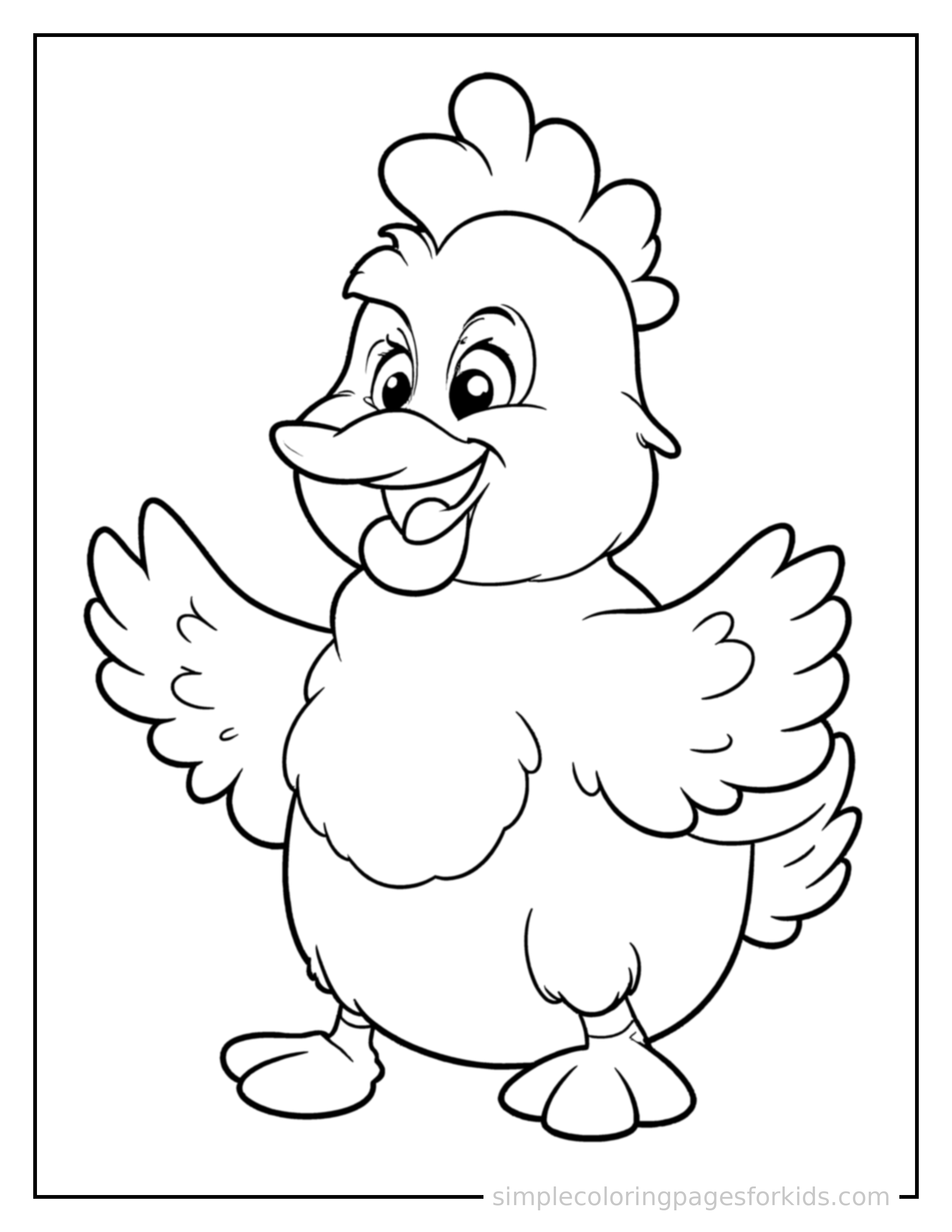 Free printable chicken coloring page featuring a cute chicken sitting up tall with a big cheerful grin, head tilted slightly, one paw raised in a wave.